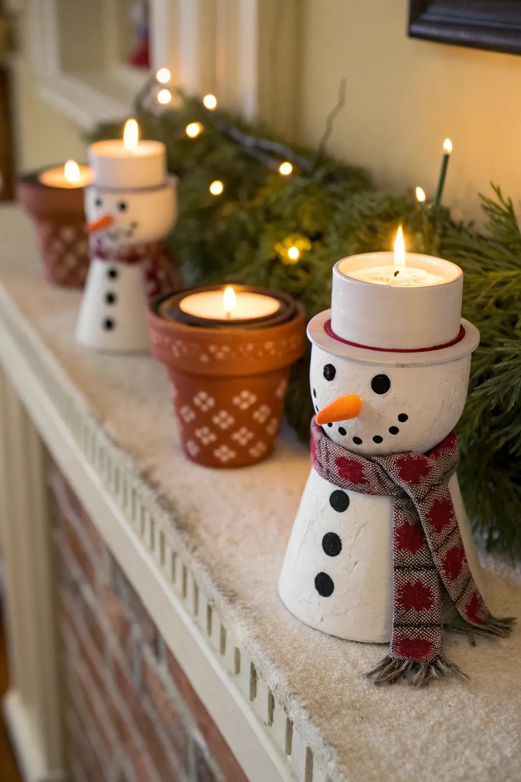 Snow figure candle bases cast a warm, inviting glow.
