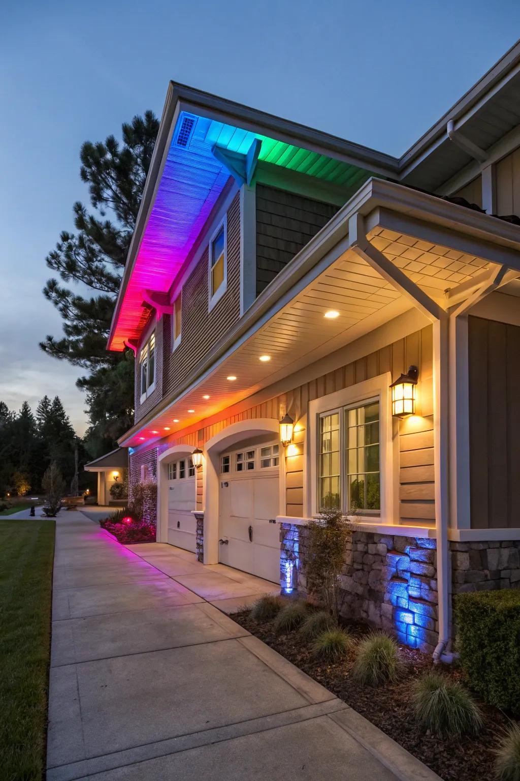 Dynamic soffit illumination systems offer adaptable hue and intensity settings.