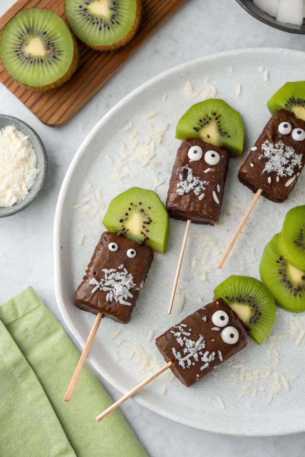 Frankenstein kiwi lollipops furnishing a whimsical, verdant astonishment.