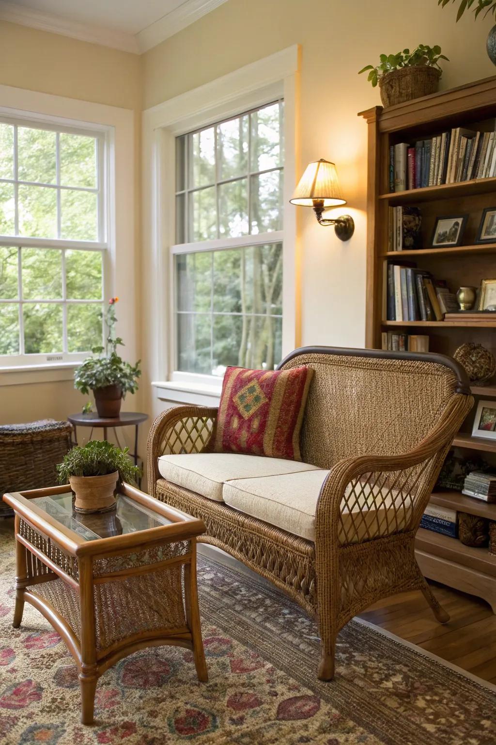 Outdoor furniture indoors creates a unique and charming ambiance.