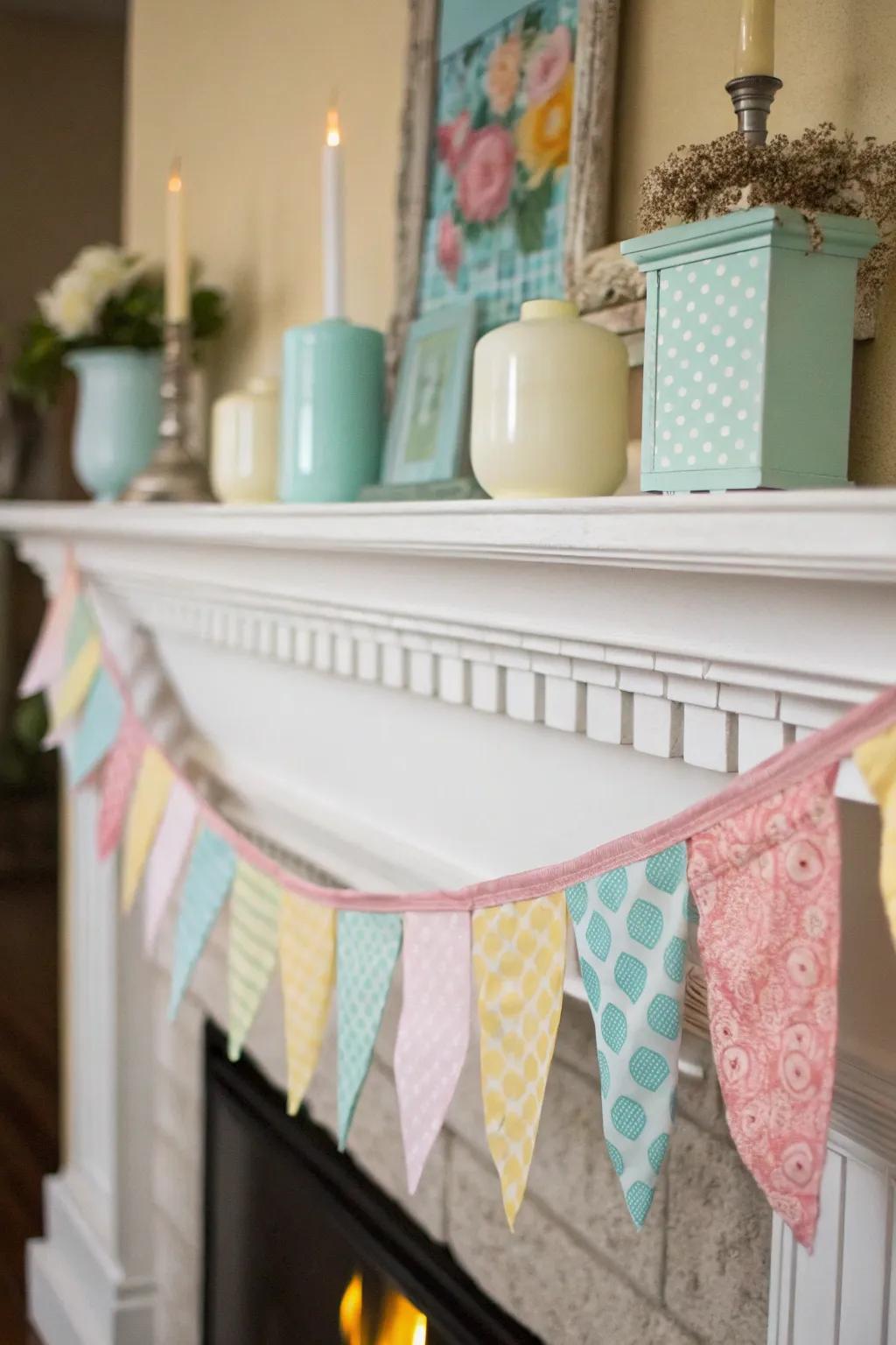 A cloth banner gives a customized touch to the mantel.