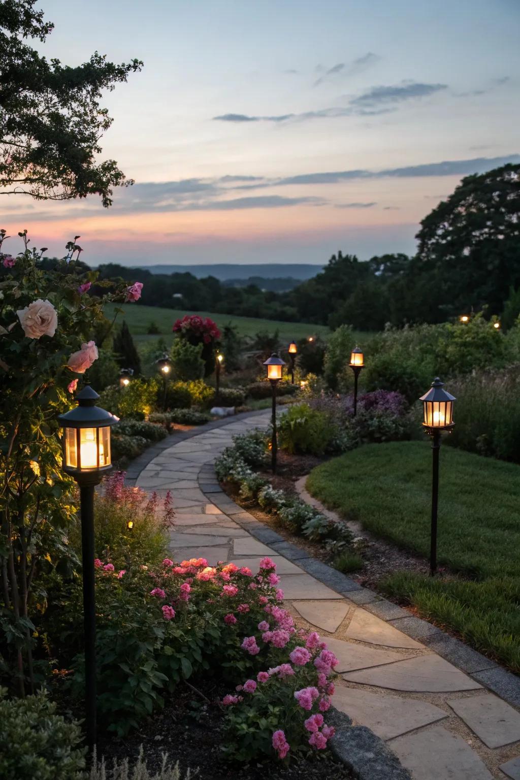 Garden illumination fashions a mesmerizing ambiance, accentuating paths and flora during the twilight hours.