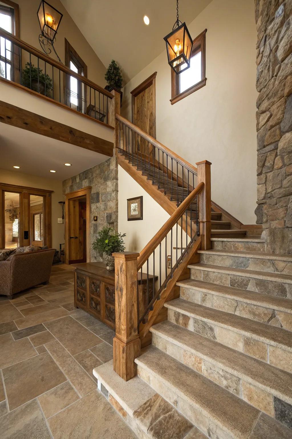 Organic components can infuse an earthy and calming vibe to your stairs.