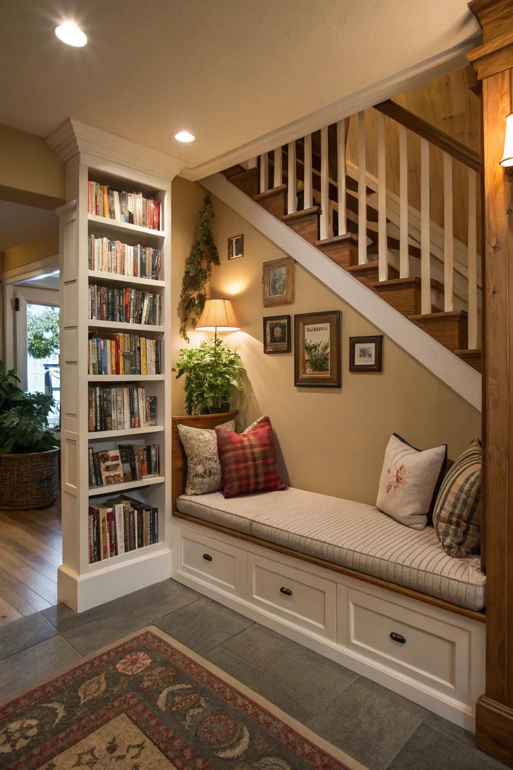 A reading nook beneath the stairway establishes a practical, welcoming corner.