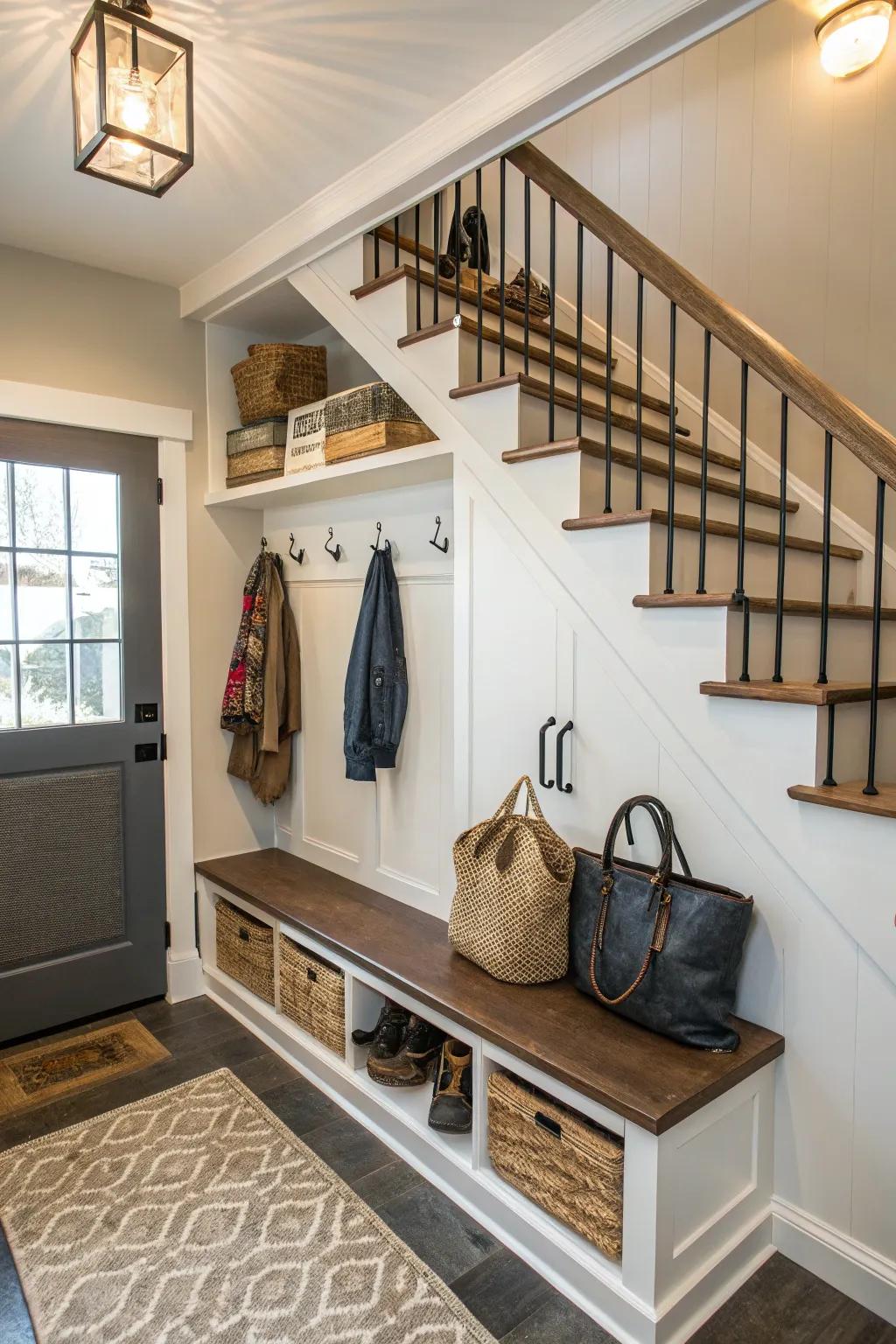 Maintain your entranceway in an organized state through a mini mudroom beneath the staircase.