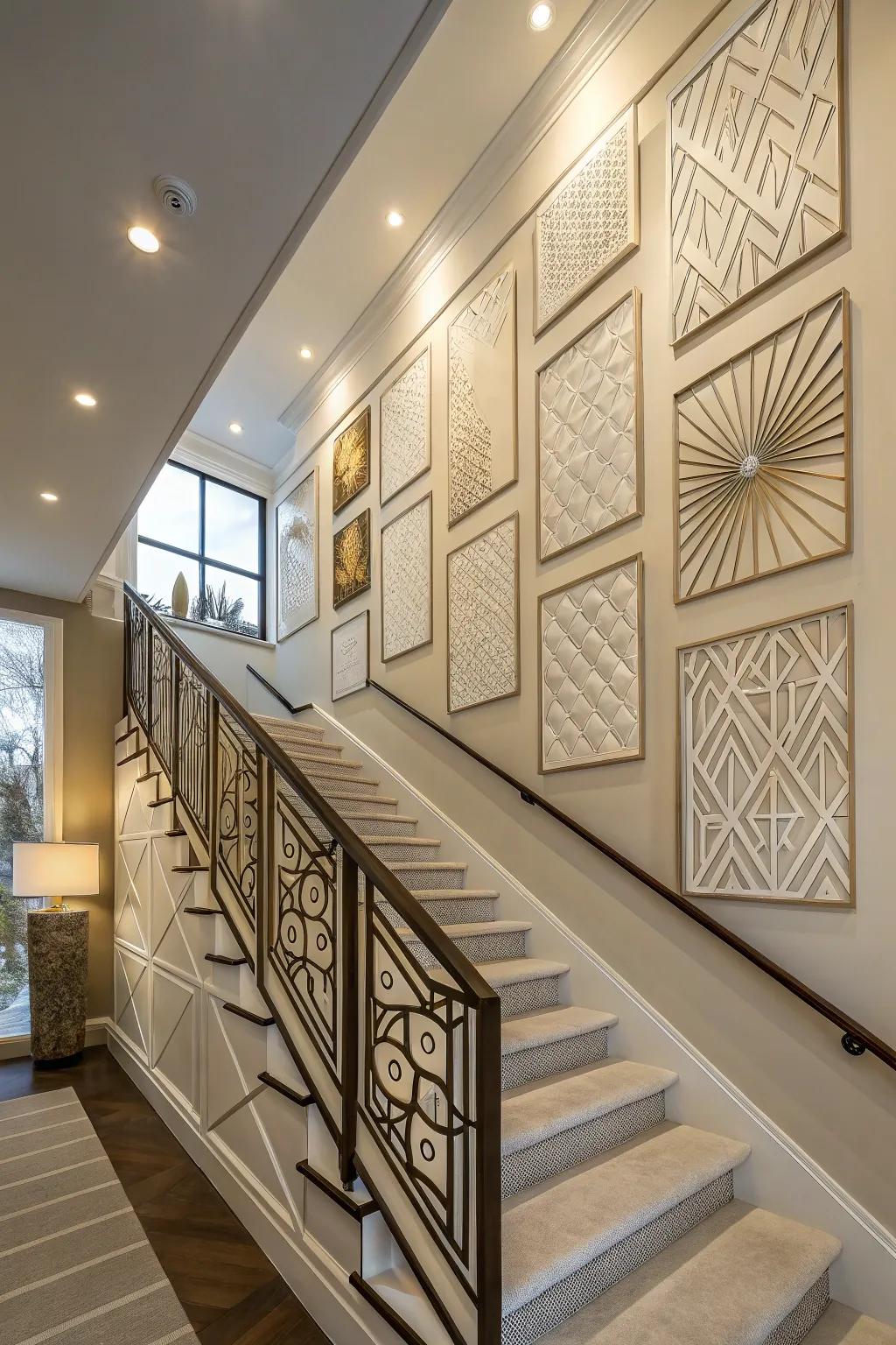 Artistic wall panels provide a sleek, modern style for staircase walls.