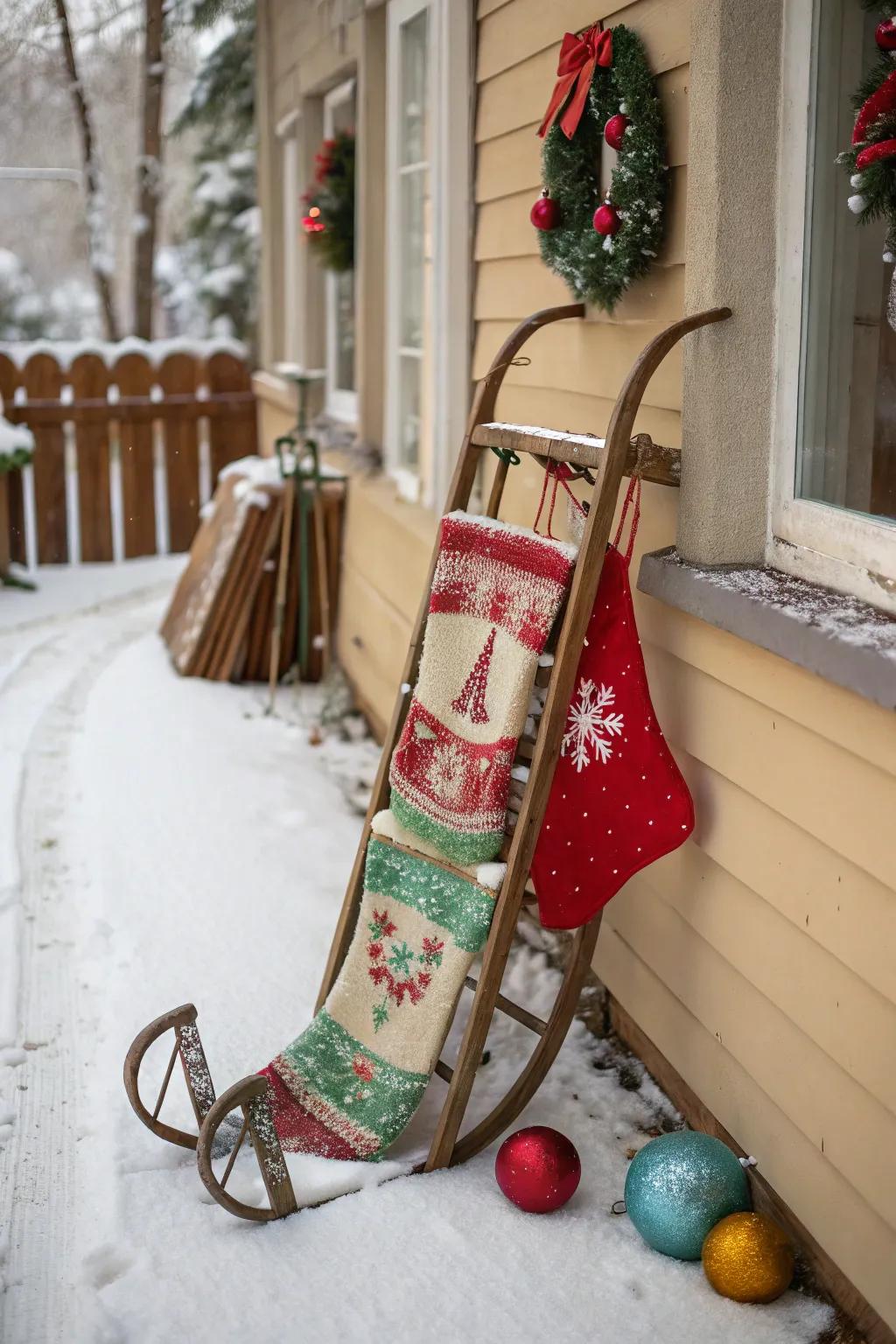An old-fashioned sledge bestows hosiery with a sentimental exhibition.