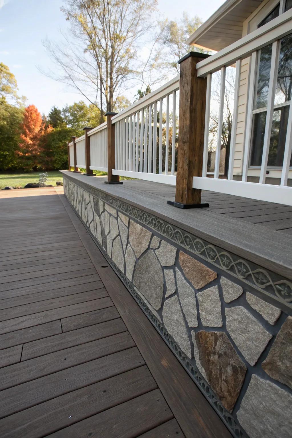 A deck metamorphosed into an artistic marvel with patterned rock skirting.