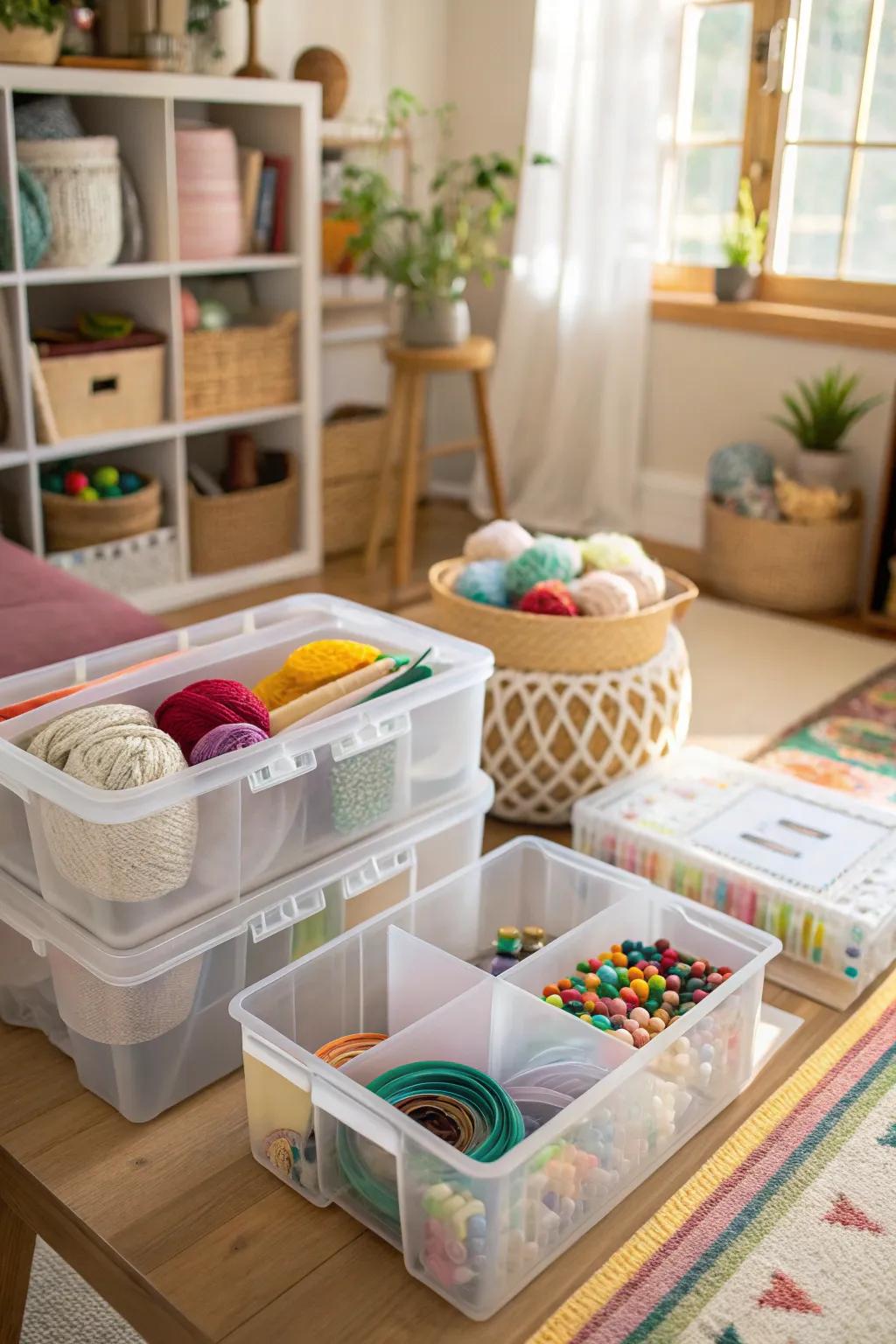 Clear containers keep craft supplies visible and organized.