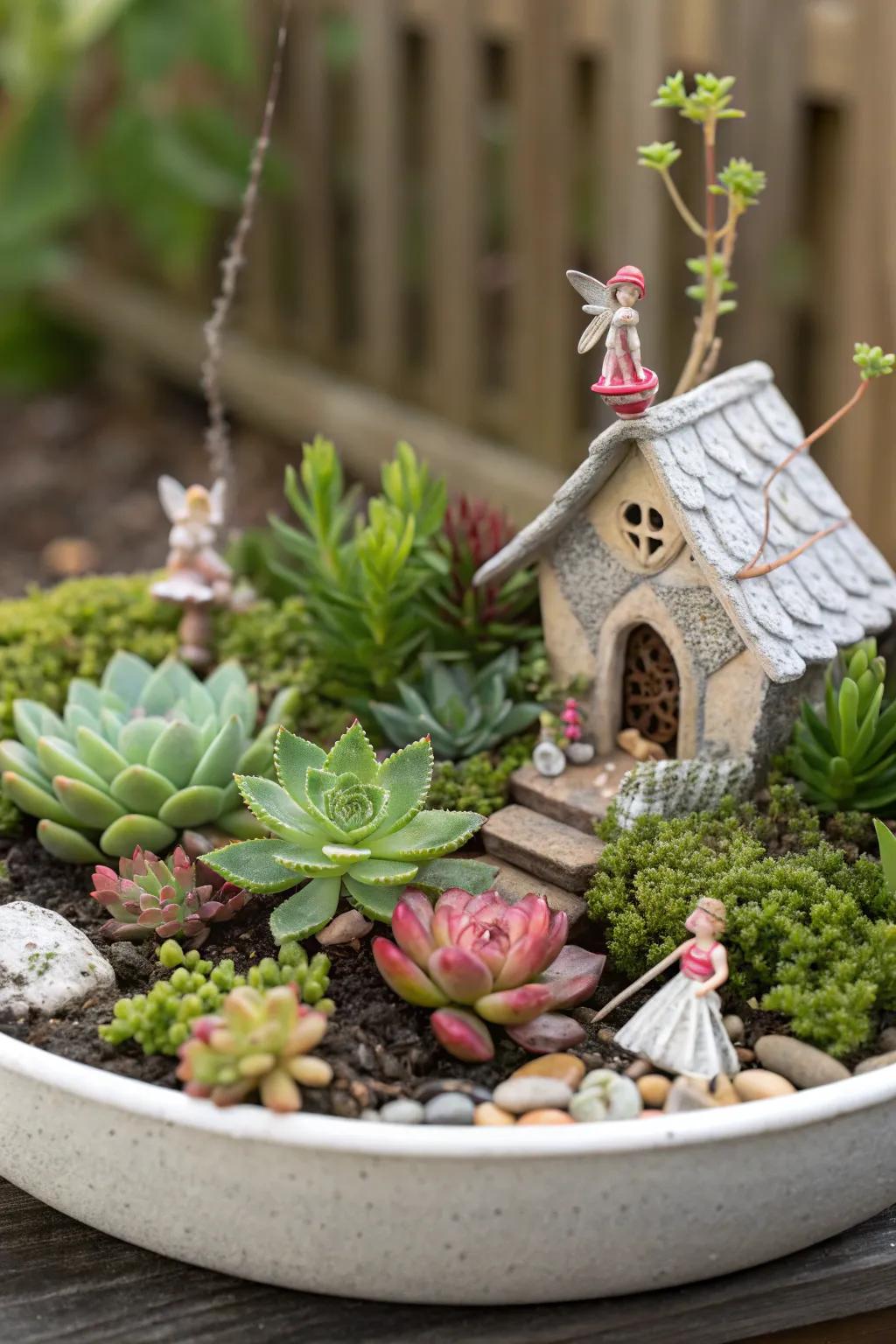A delightful pixie garden crafted with succulents and captivating miniatures.