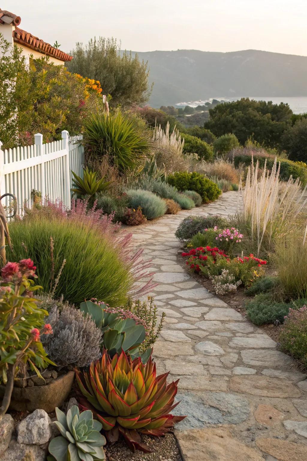 A Mediterranean space with succulents, herbs, and aesthetic grasses.