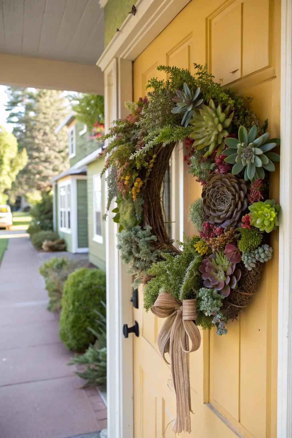 A succulent wreath gives a refreshing, lasting welcome to your residence.