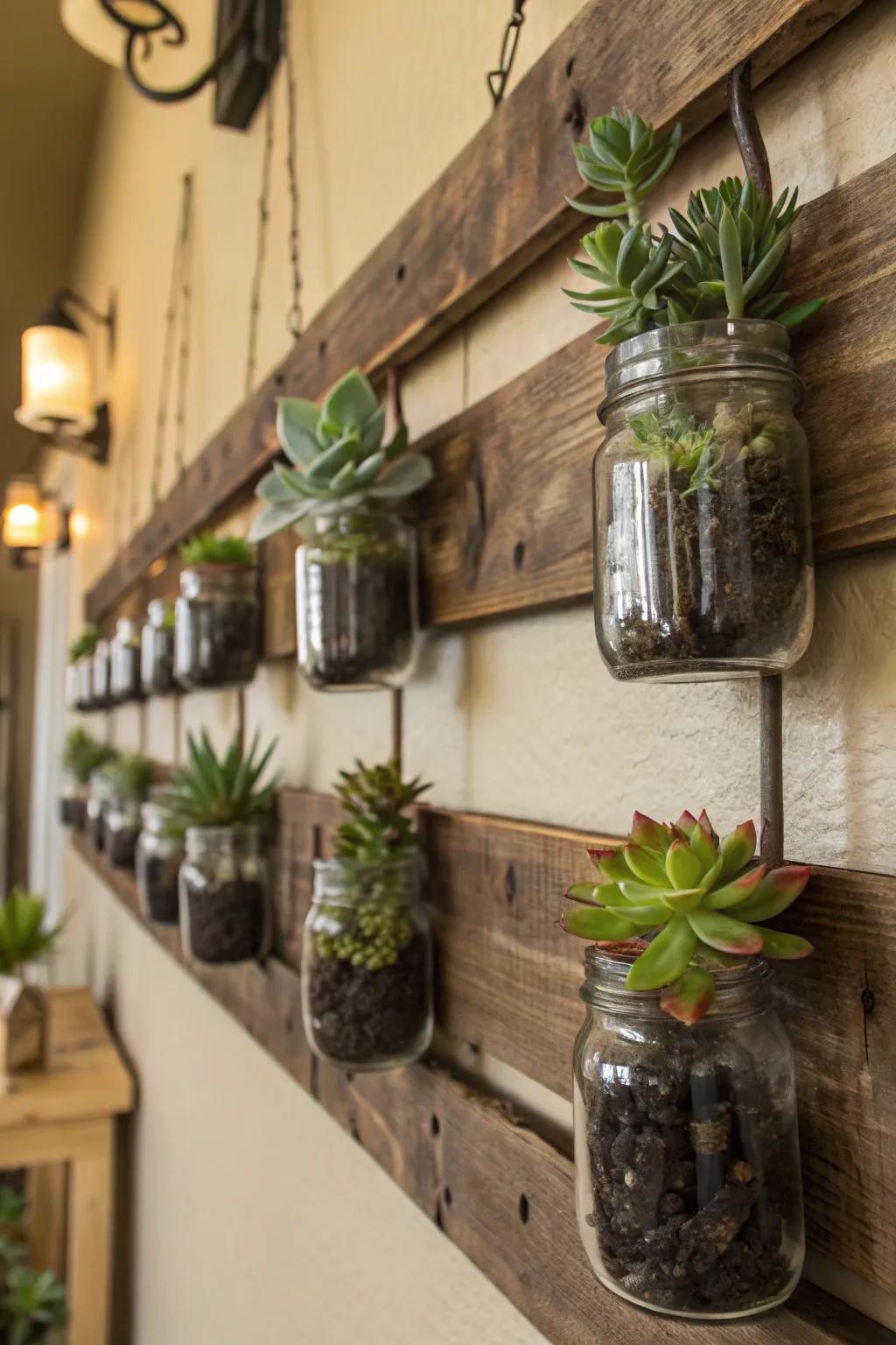 Artisan vessel wall lights deliver a country-chic visage with succulents.