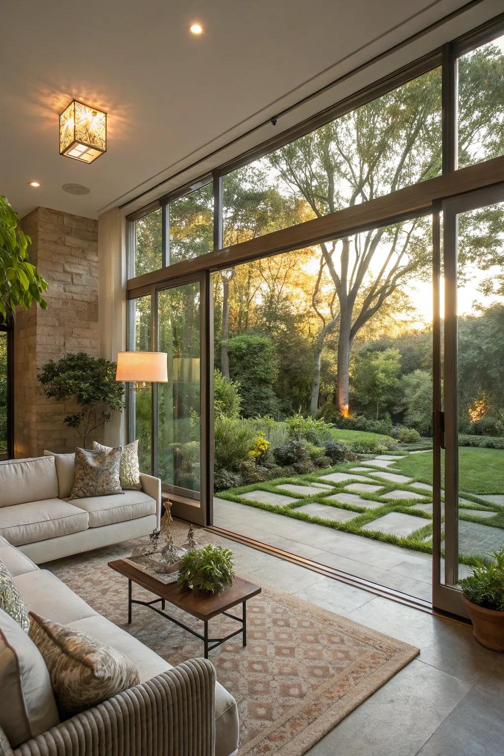A sunken living room with seamless indoor-outdoor transition.