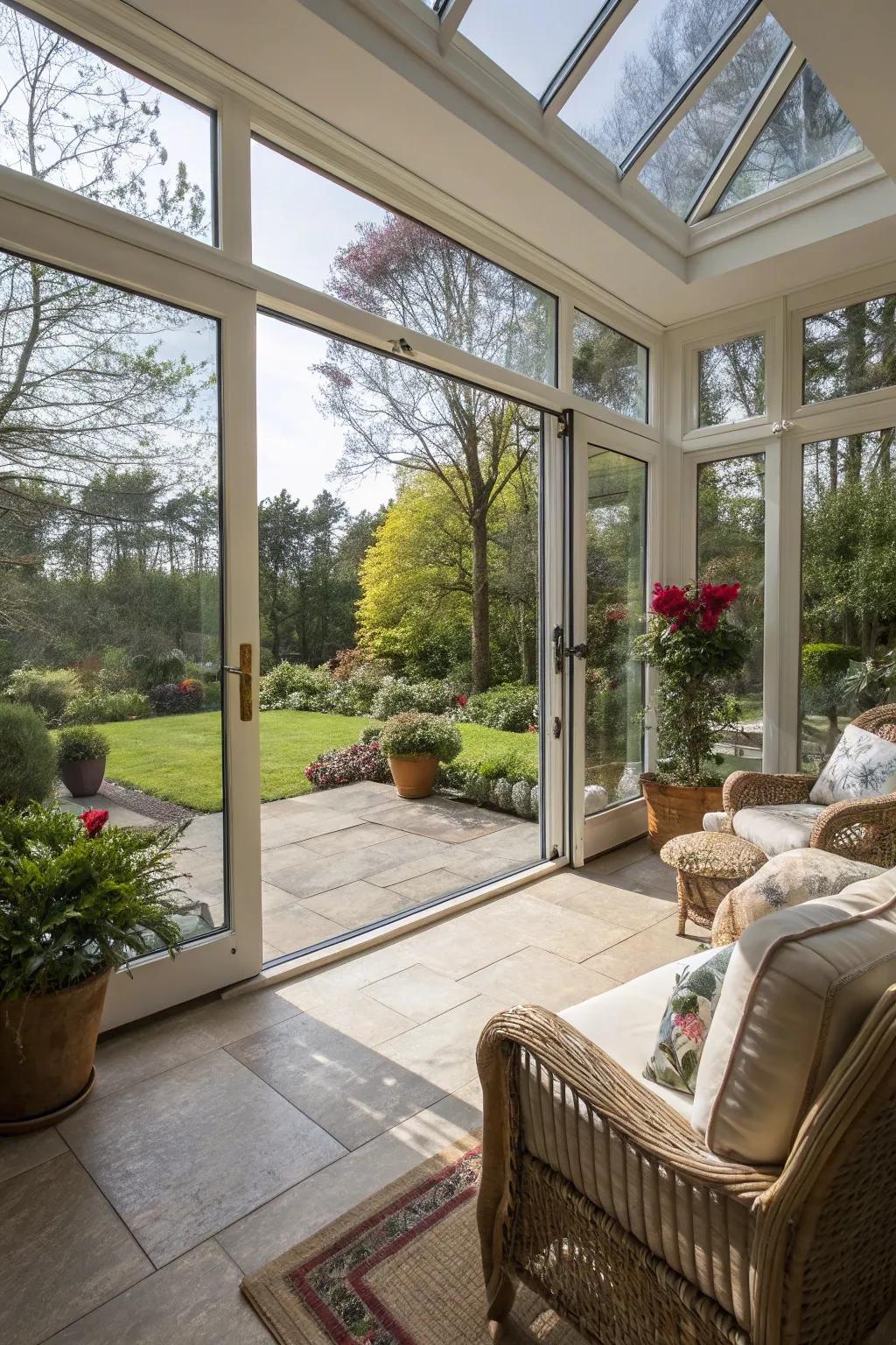 Expansive glass entrances bring the outdoors directly into this sunroom.