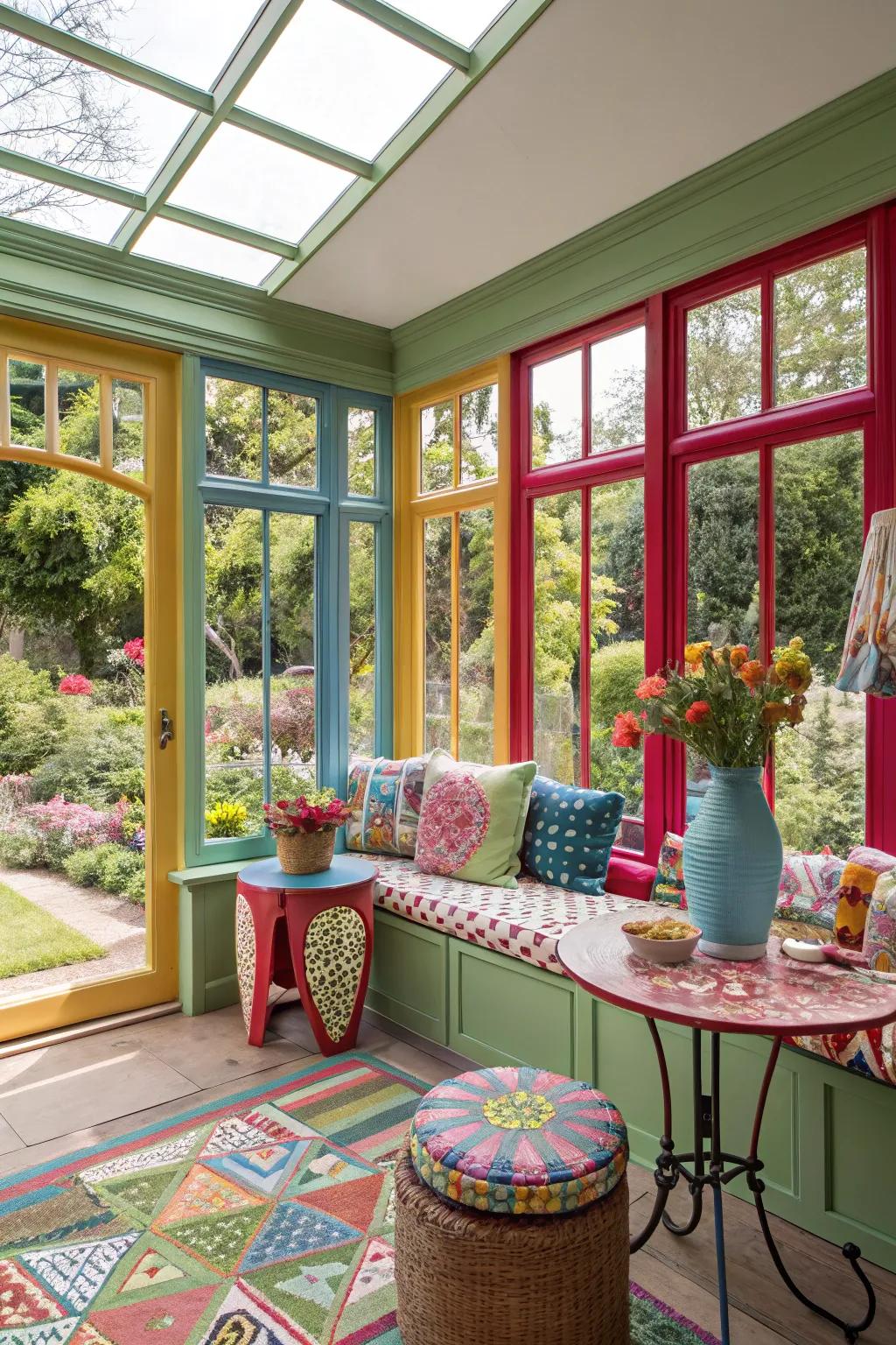 Bright window frames add character to your sunroom.