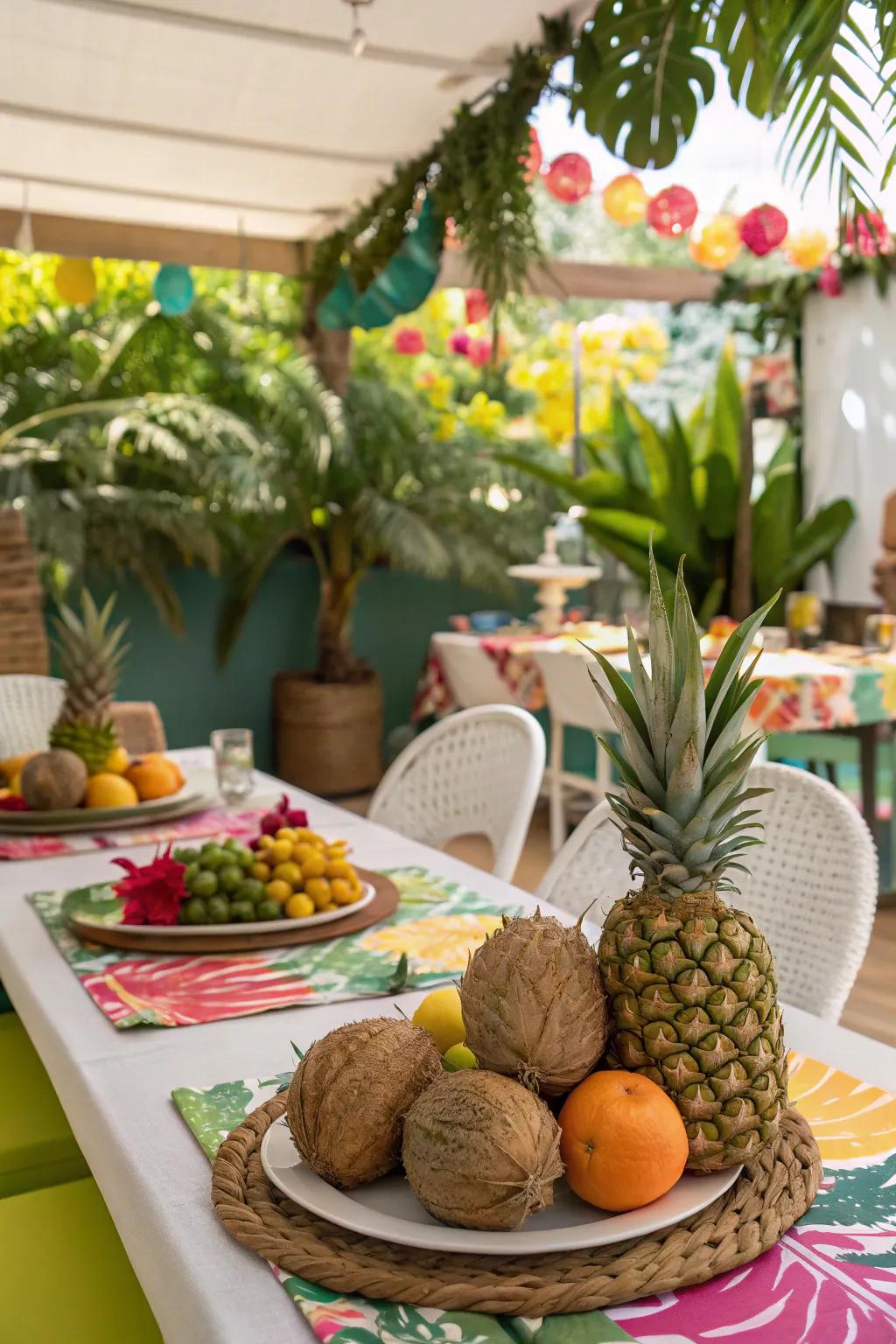 An exotic table arrangement showcasing radiant shades and bizarre fruits.