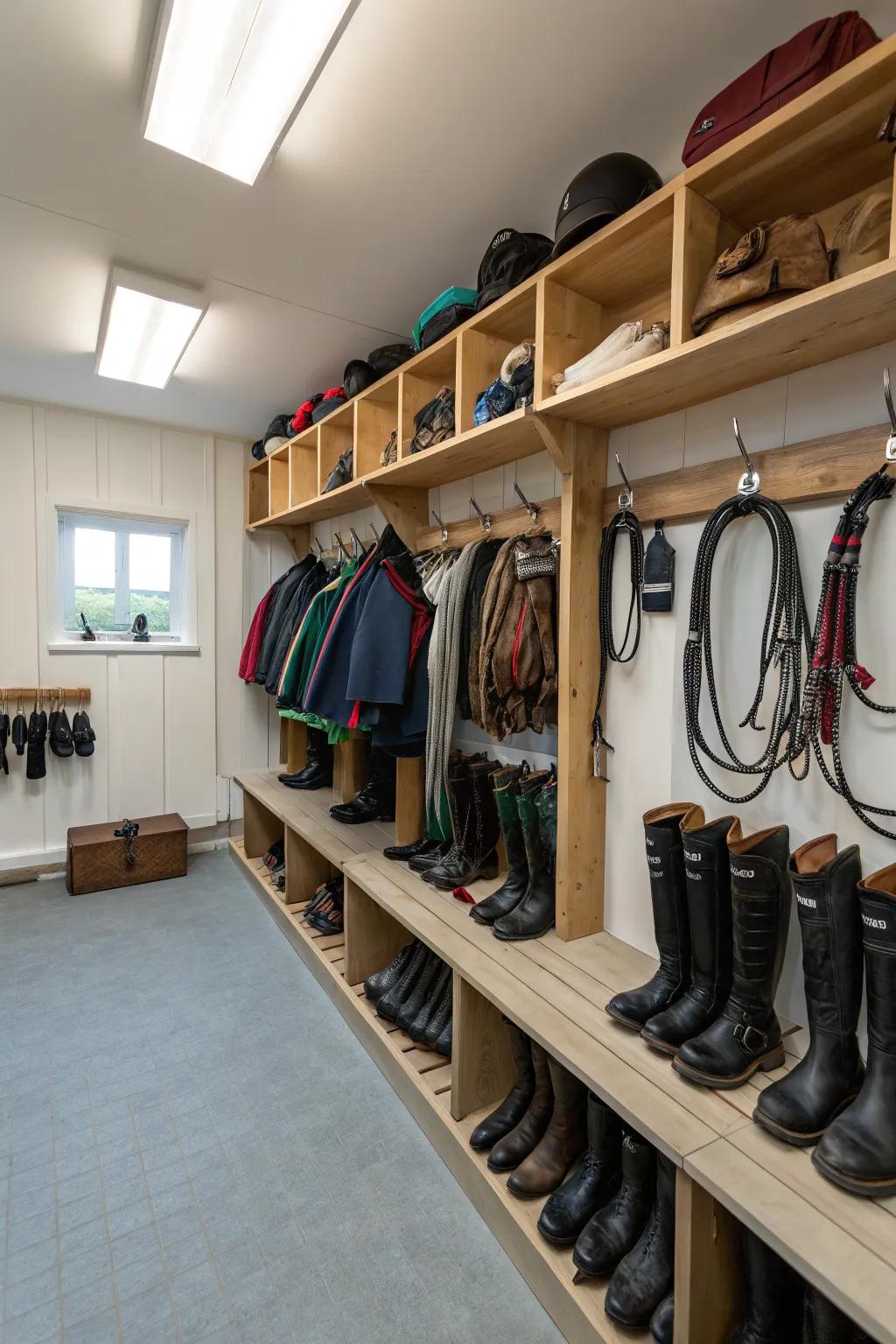 Boot shelves with fixtures in a tack room for cleanliness and ease.