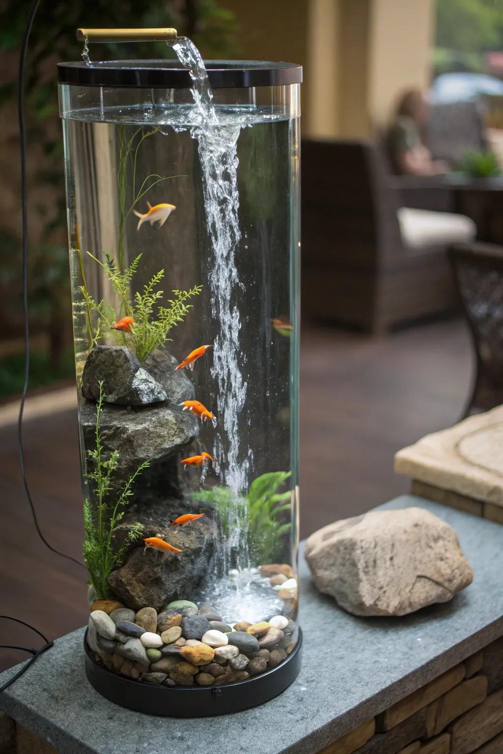 A towering aquarium featuring a tranquil zen-inspired cascade element.