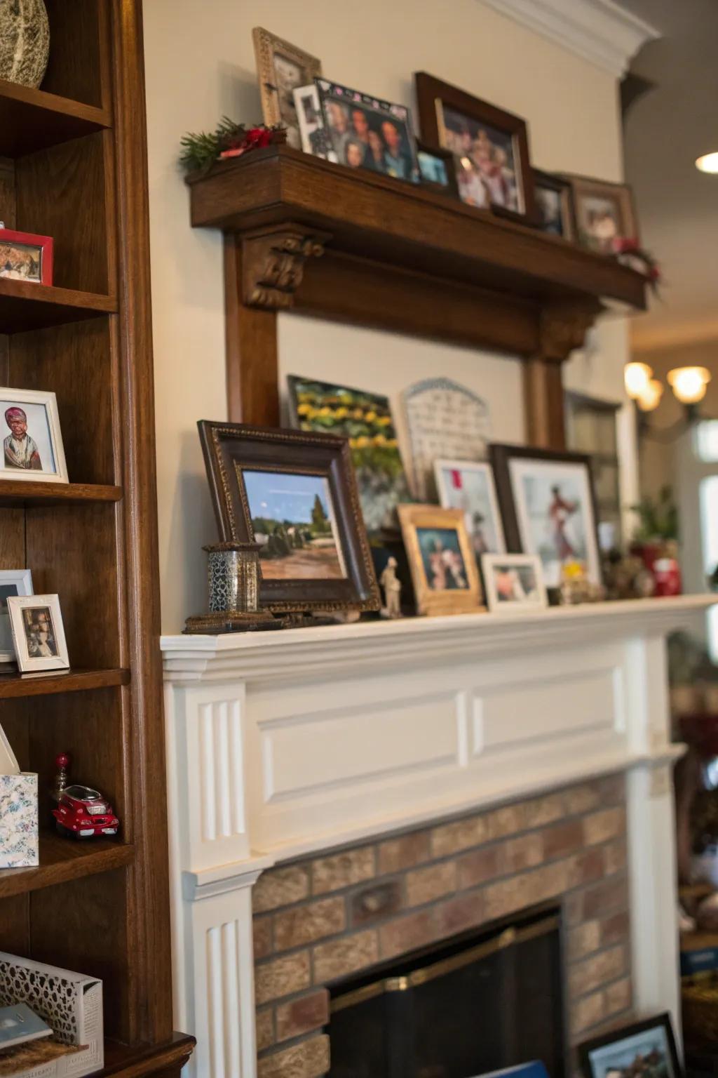 A high mantel featuring a showcase of personal gatherings and souvenirs.