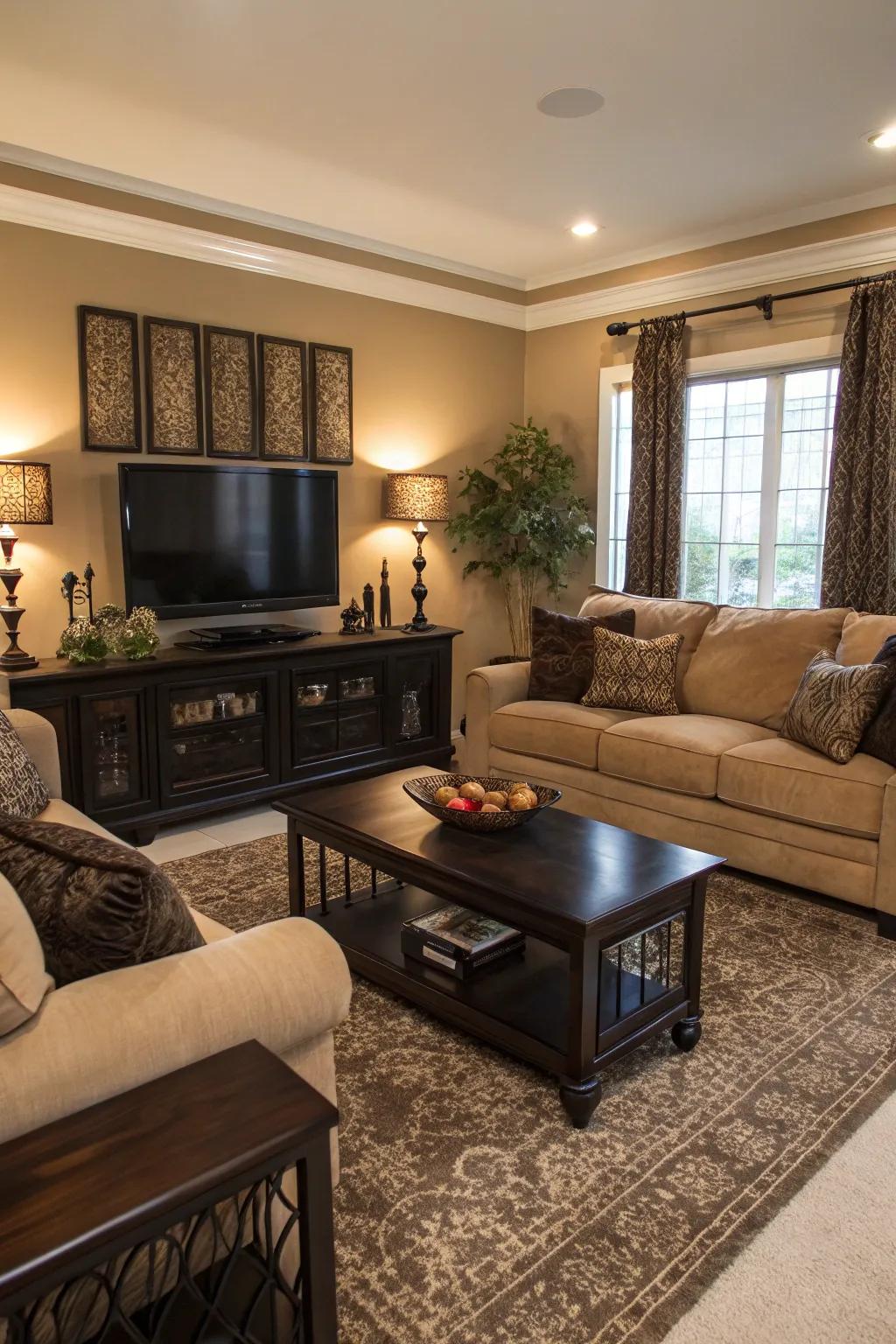 Deep touches offer a sophisticated contrast to a beige sofa.