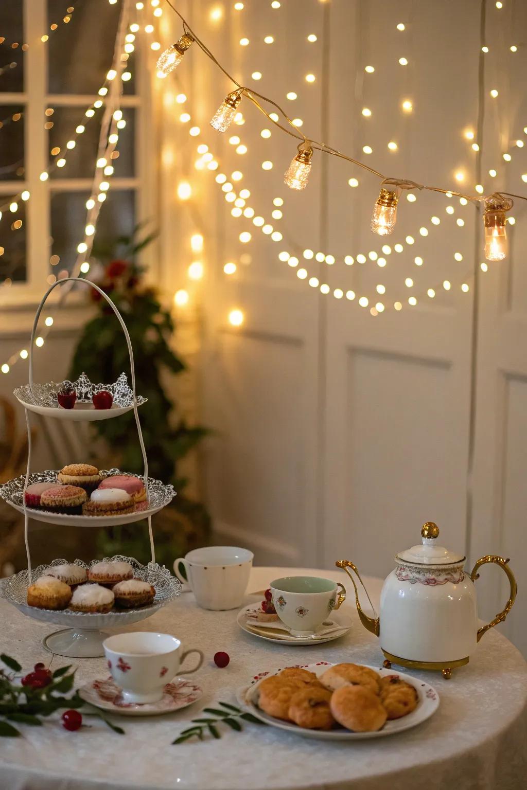 Fairy lights fashion a dreamy and bewitching atmosphere for the tea gathering.