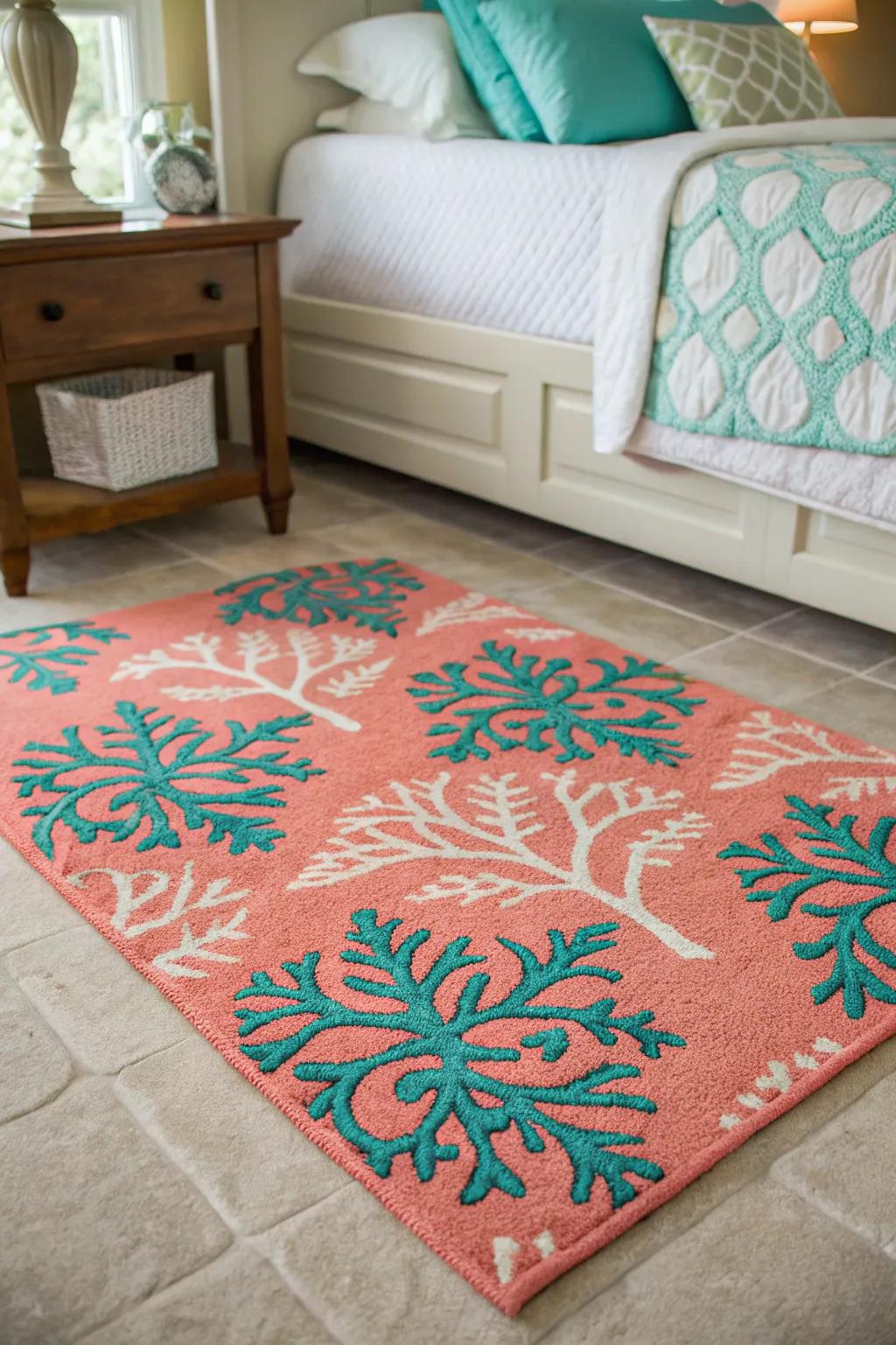 Crimson and aquamarine patterned floor covering adding depth to the room.