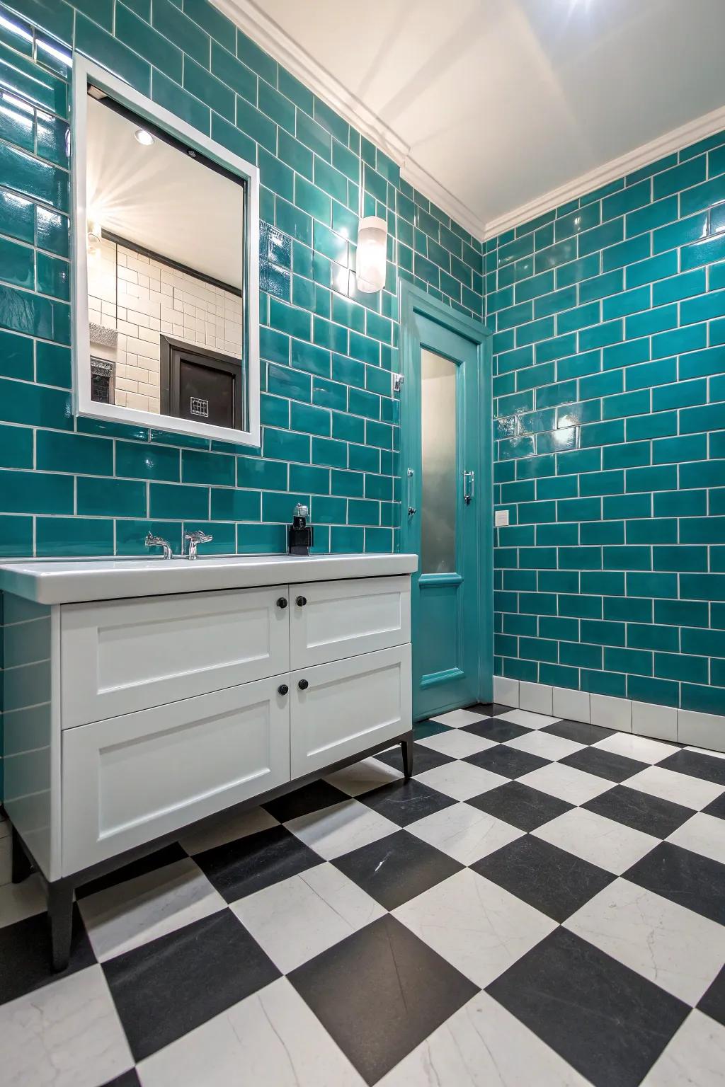 Offsetting floors can elevate the visual effect of turquoise ceramics.