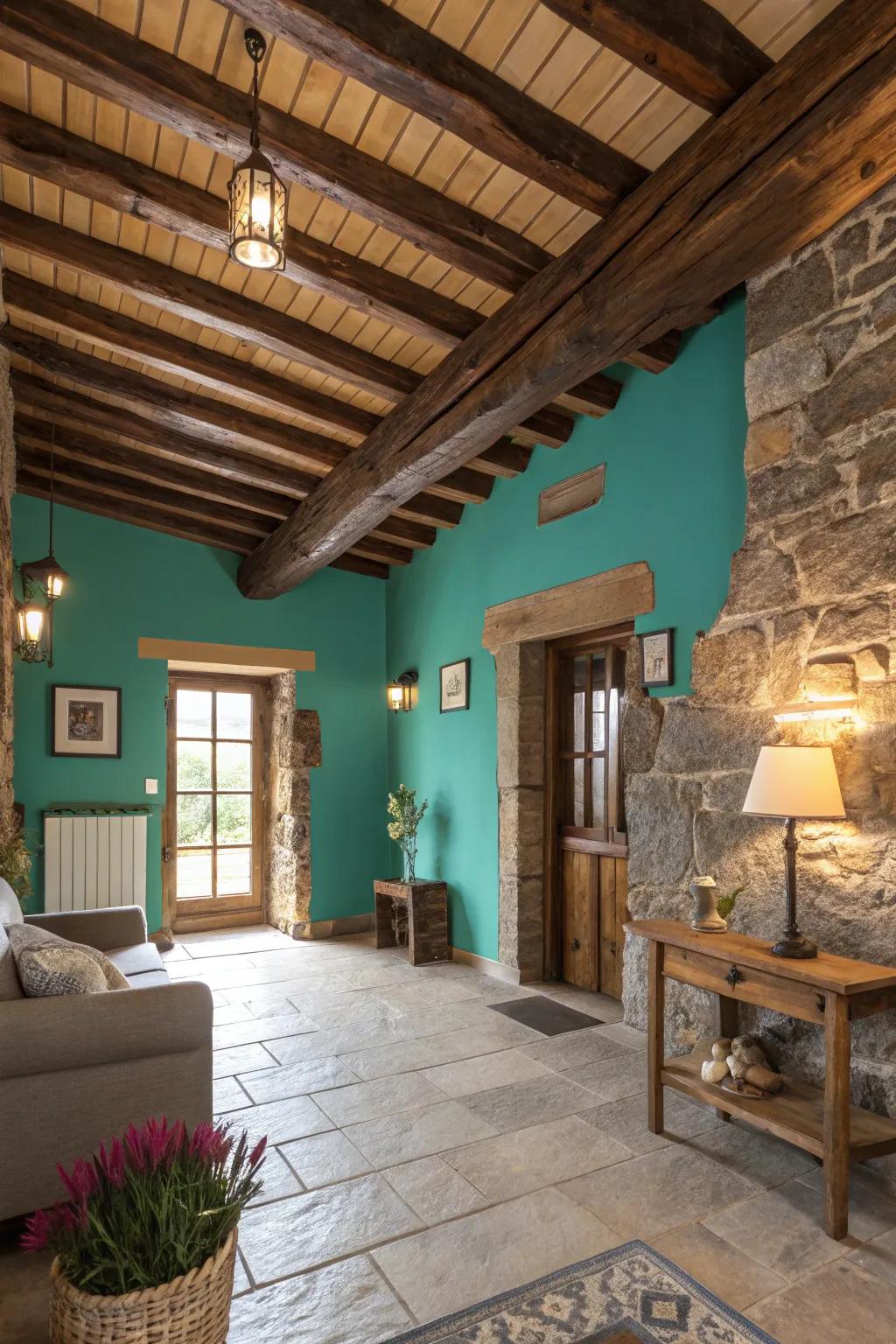 Warm and inviting country styling featuring turquoise walls.
