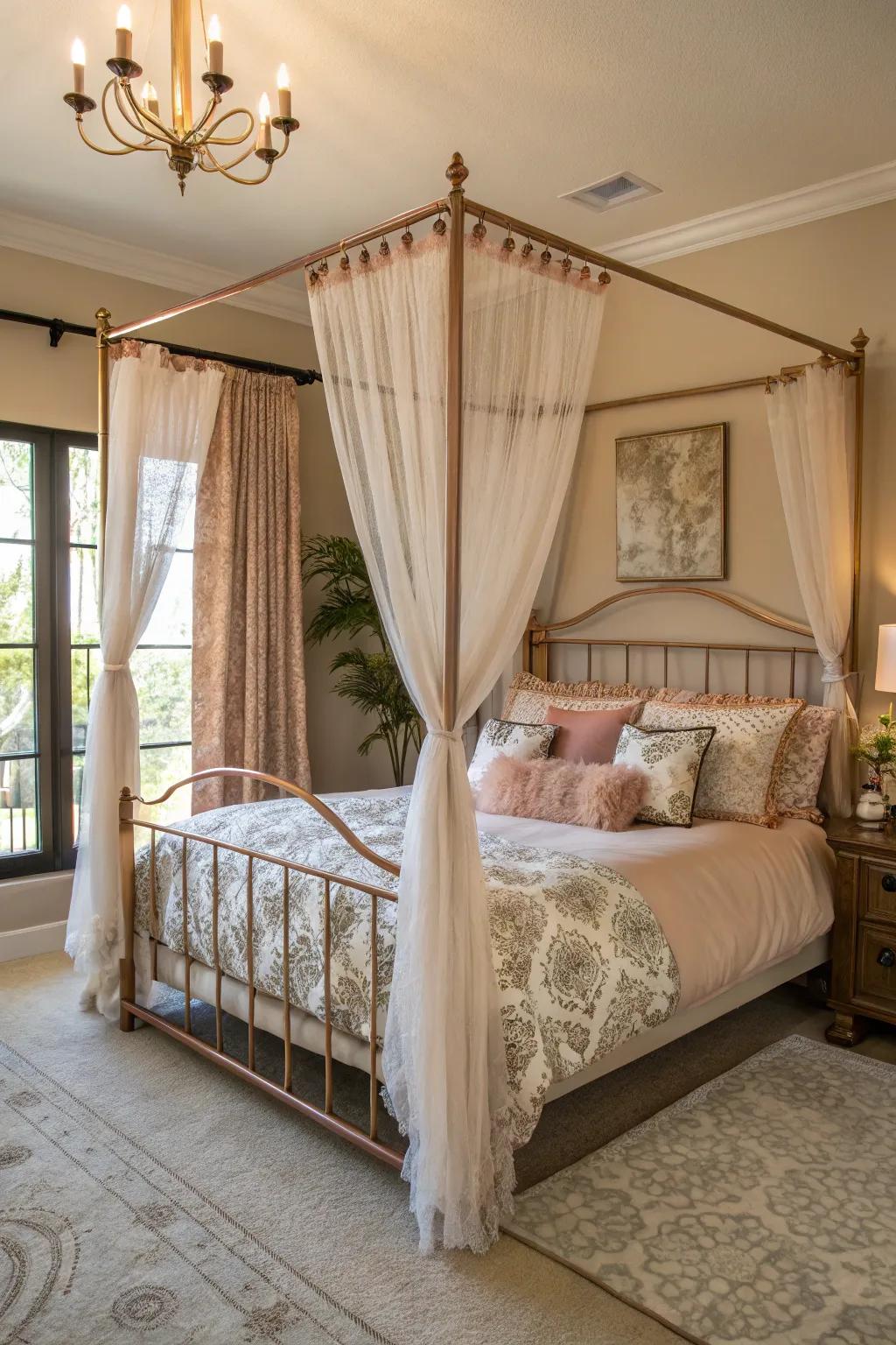 A rose gold canopy bed is a stylish centerpiece.