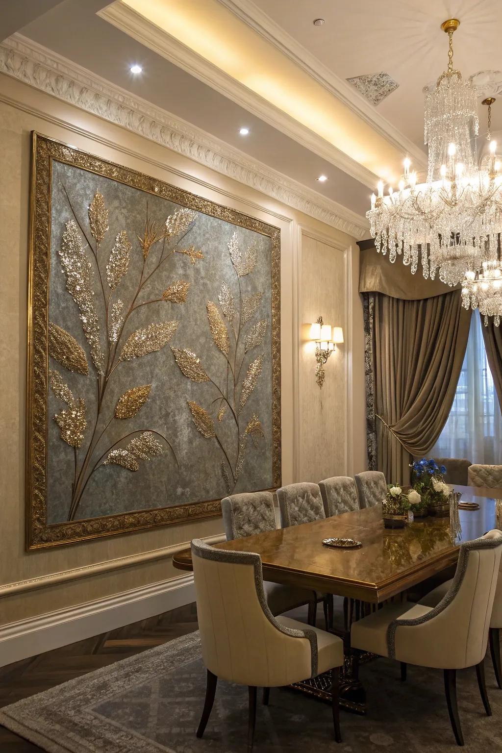 Gleaming touches in this embossed painting append a hint of luxury to the dining room.