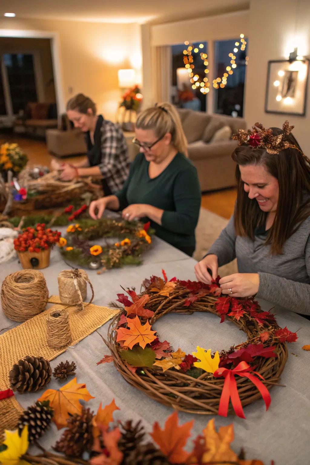 Crafting wreaths brings a personal touch to Thanksgiving decor.