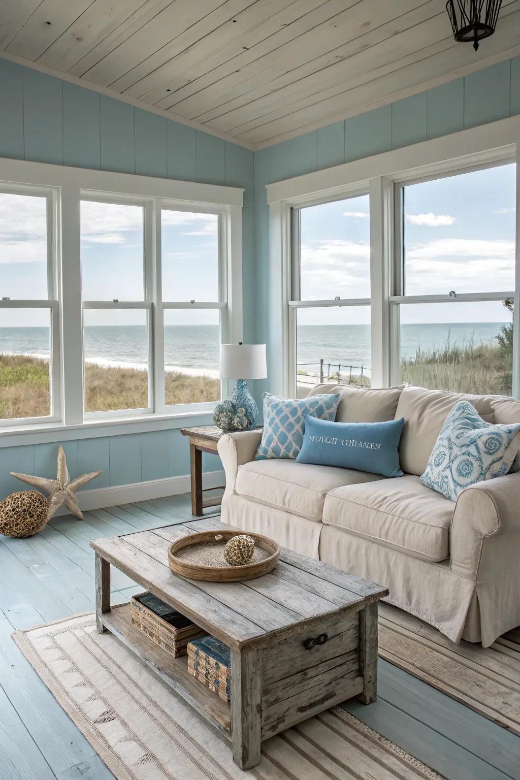 Shoreline peace featuring soothing blues and an airy sensation.