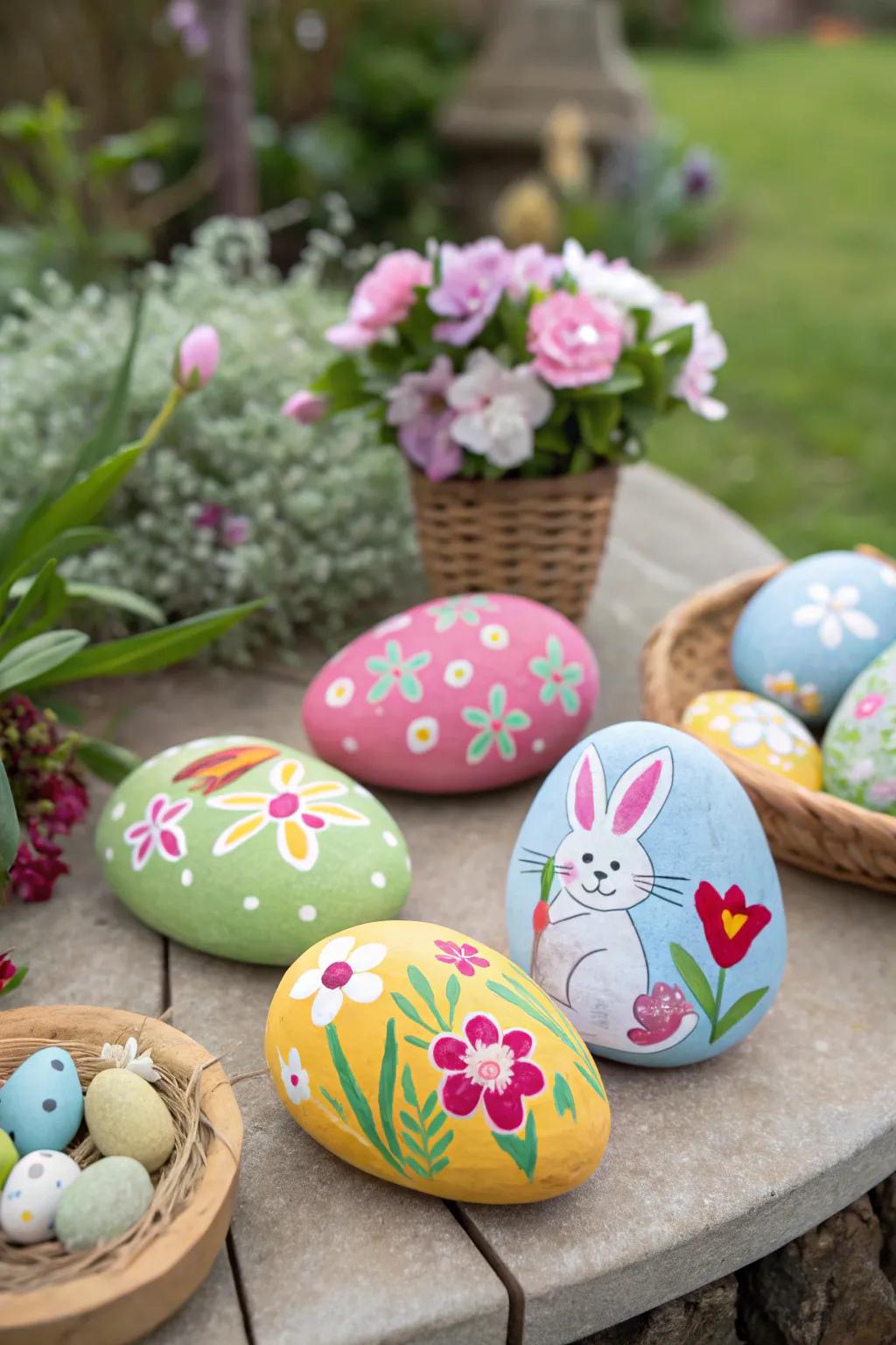 Painted Easter stones introducing charm to the garden.