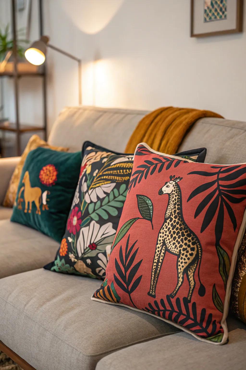 A bold and dramatic flair using creature and abstract print cushions.