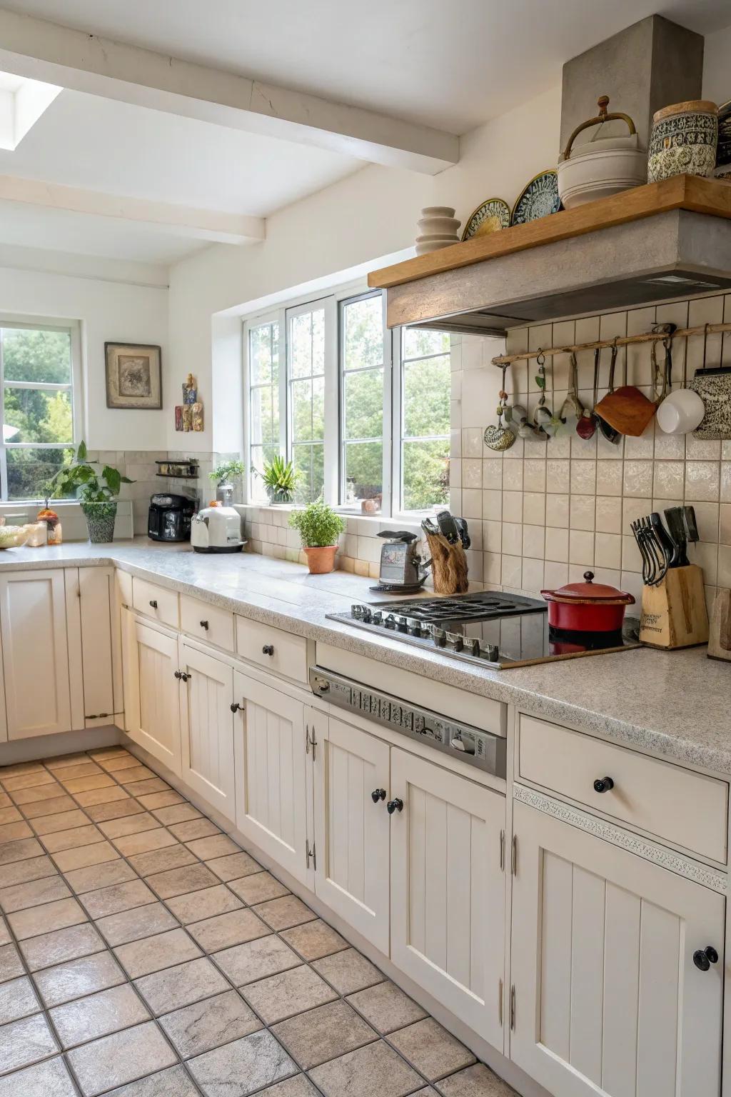 Large tiles provide a sleek, level appearance.