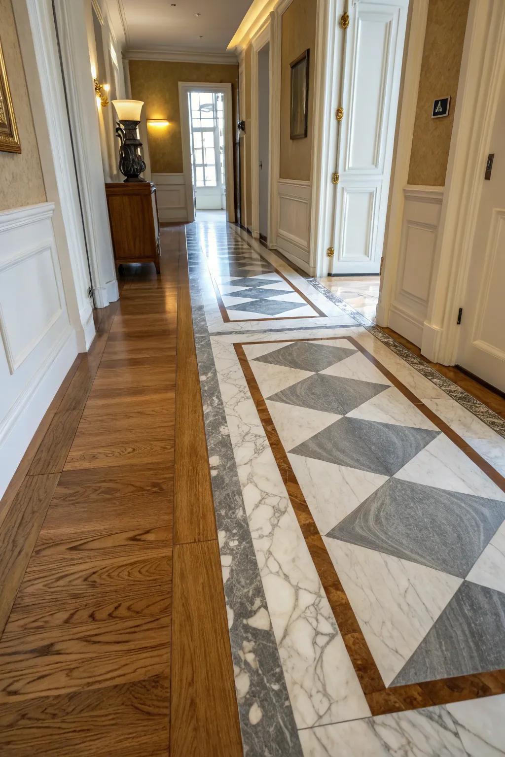 Two-tone marble tiles create a sophisticated transition.