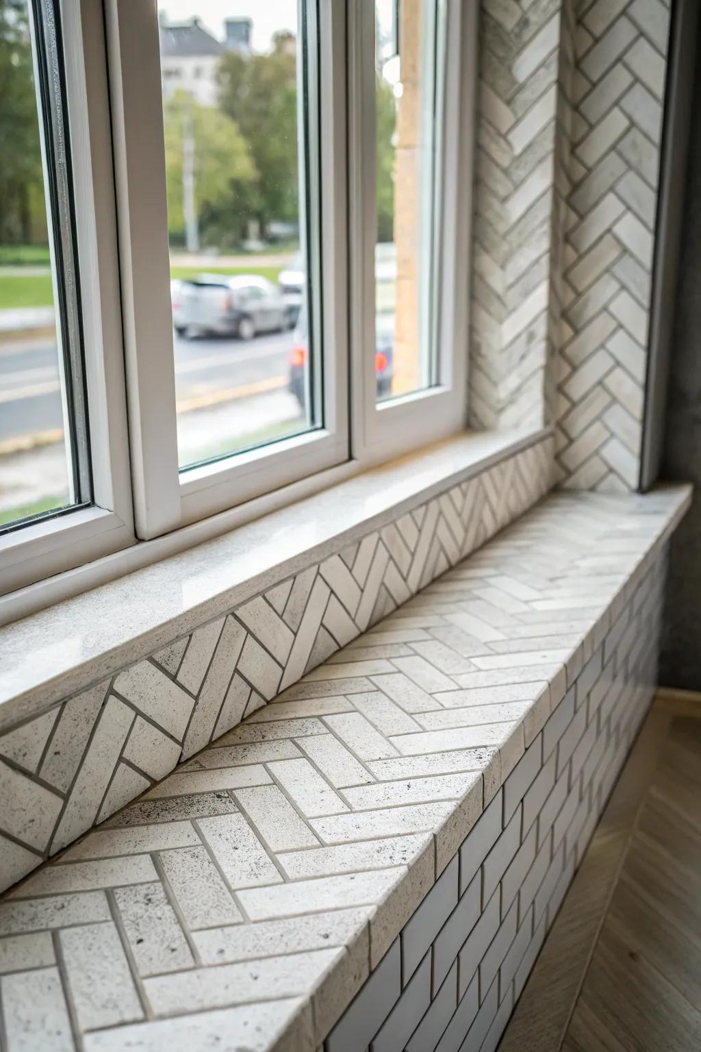 Herringbone patterned tiles introduce a dynamic and intriguing component to this window sill.