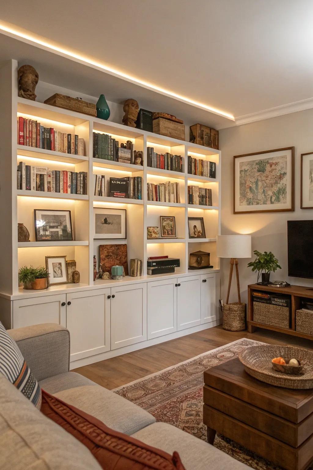 Open shelves showing curated collections.