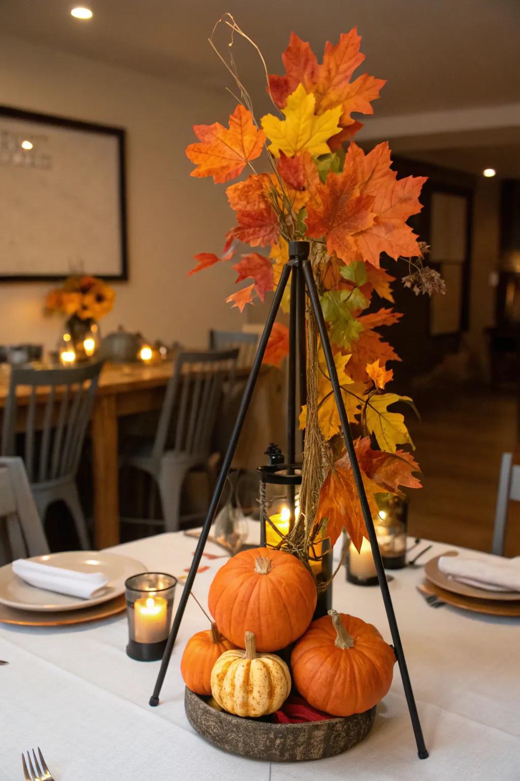 Seasonal displays in tripod vessels sustain a fresh décor vibe.