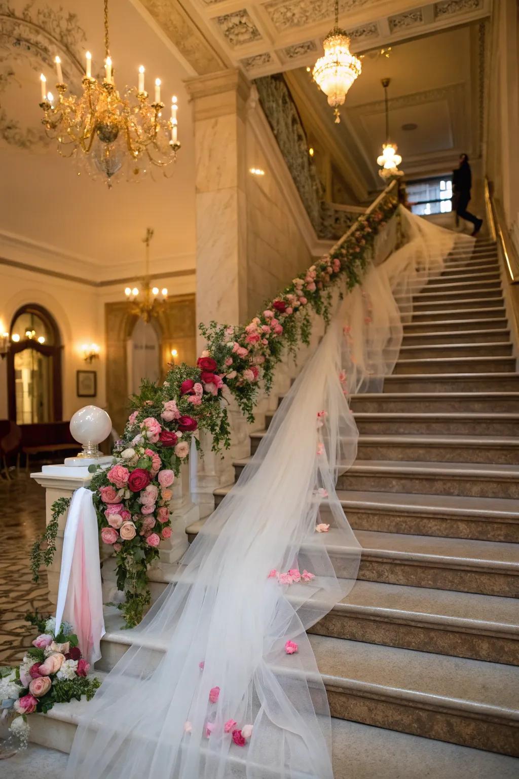 Make an entrance with fabric sheer staircase ornamentation.