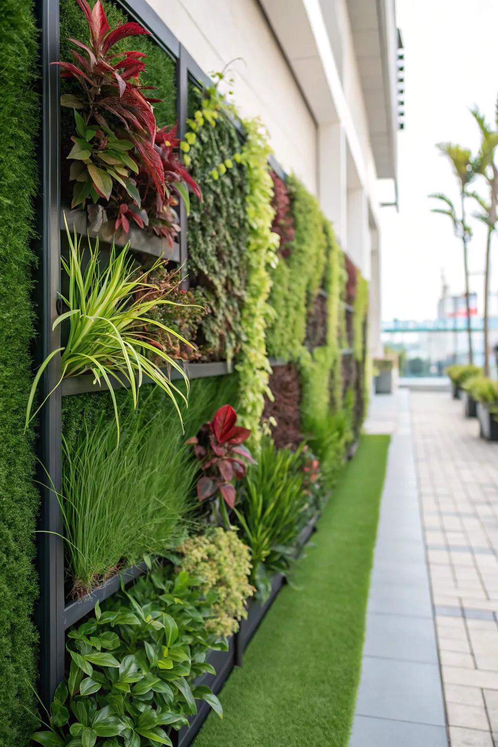 An eye-catching tiered synthetic lawn garden on the patio.