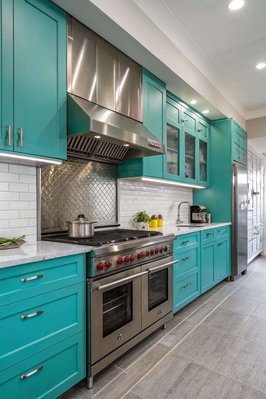 Industrial features merging with turquoise cabinetry for a modern appearance.