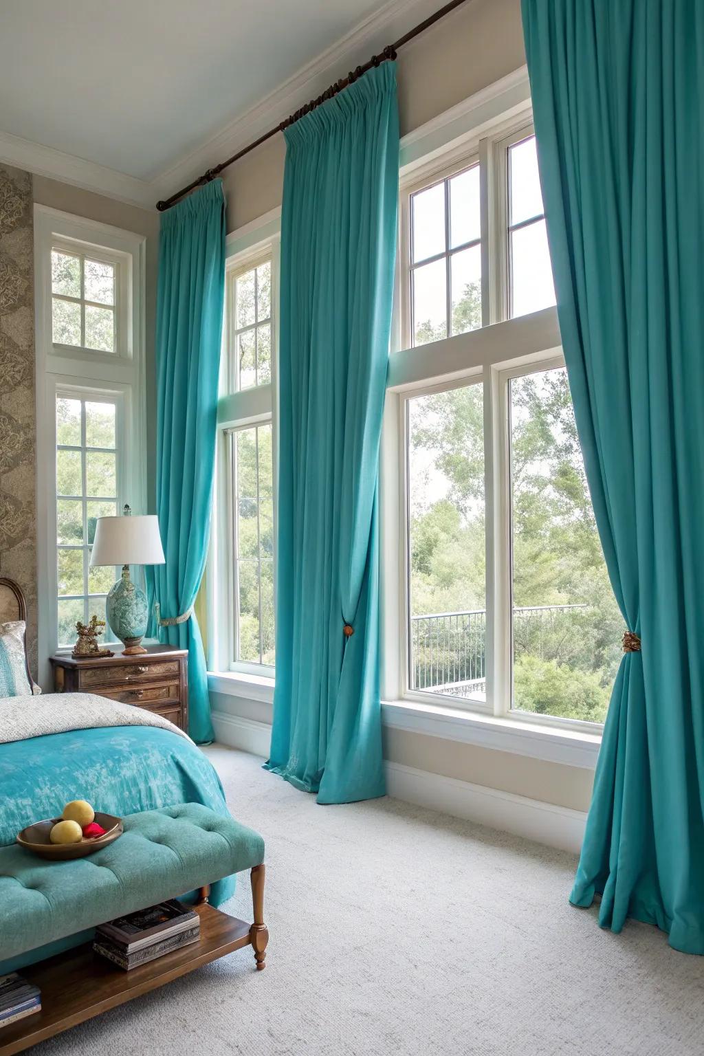 Turquoise curtains make a bold statement.