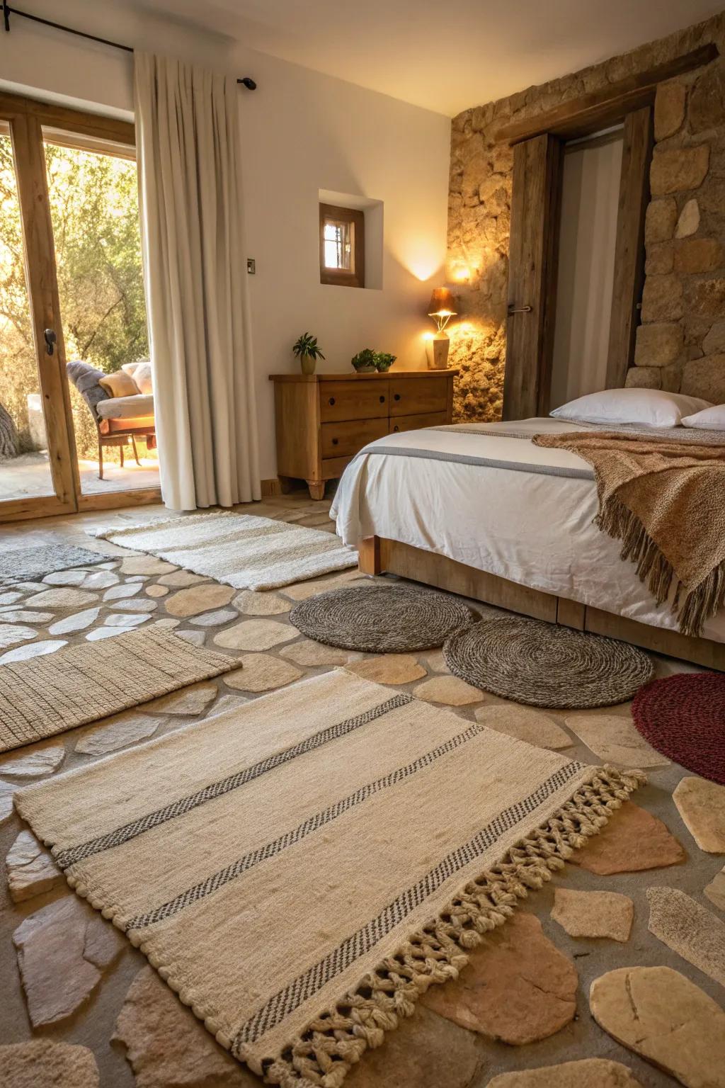 Layered floor coverings bring warmth and texture to your Tuscan bedroom.