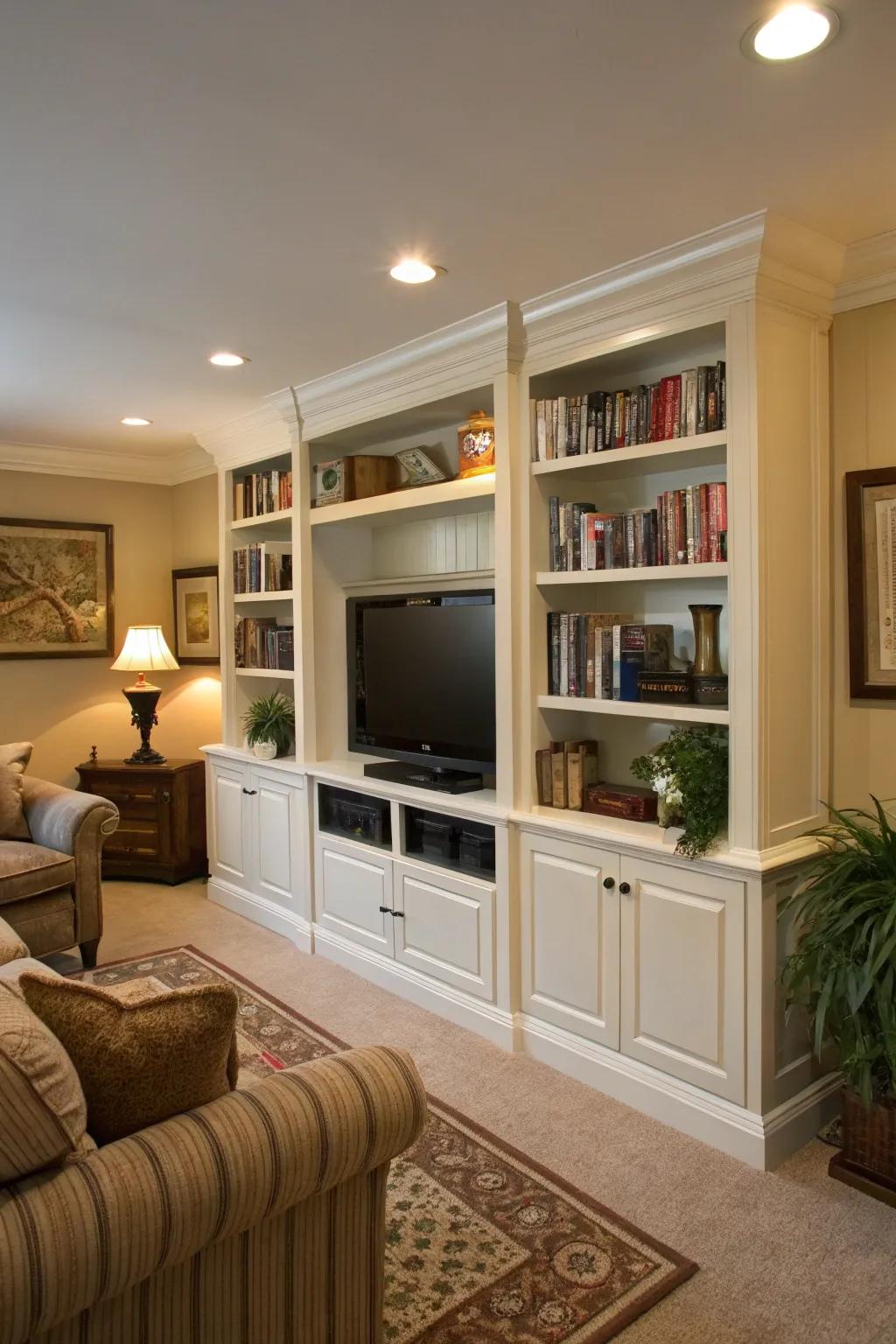 An integrated shelving unit surrounds the TV, establishing a library-like atmosphere.