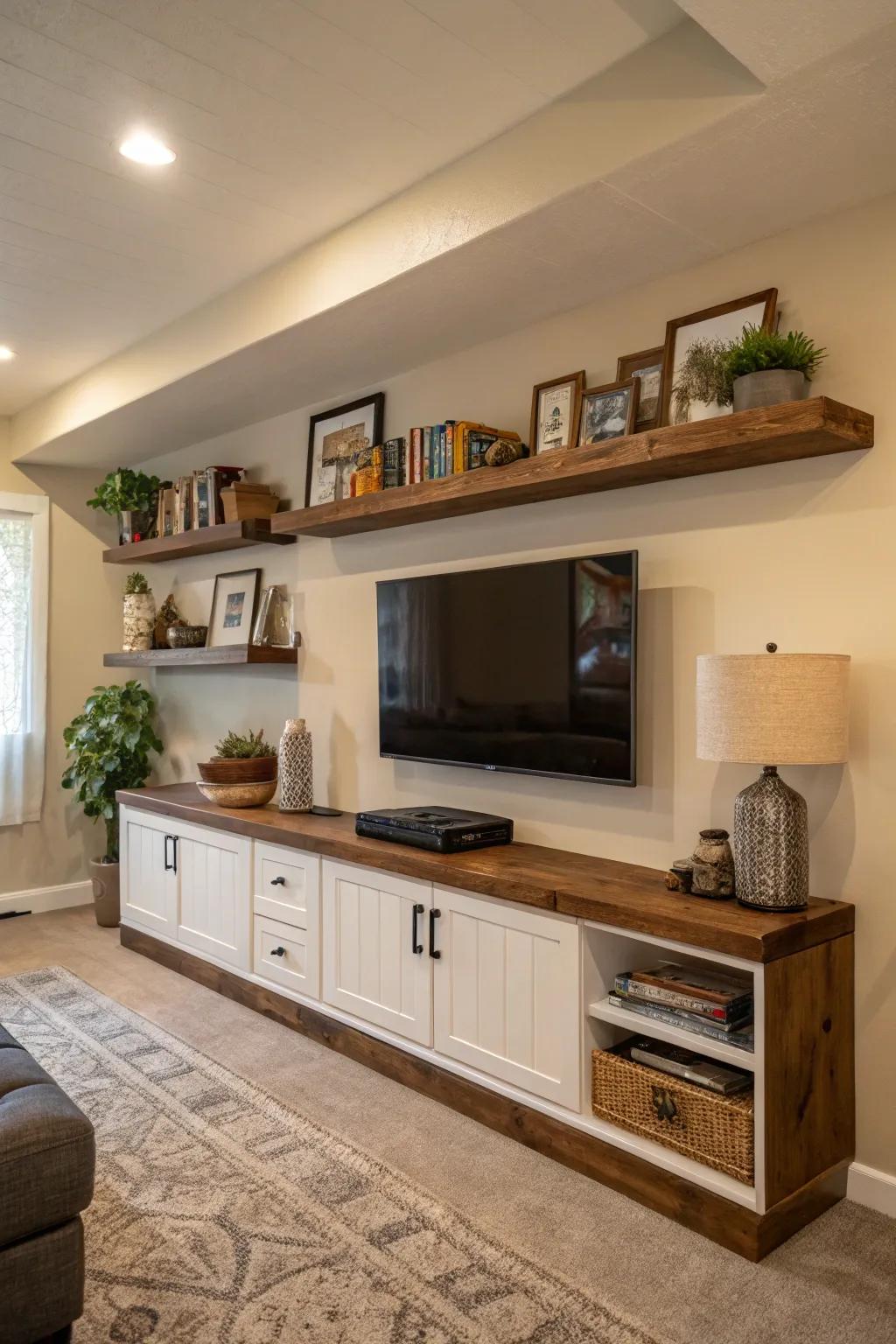 Free hanging shelves enhancing a TV setup for an airy feel.