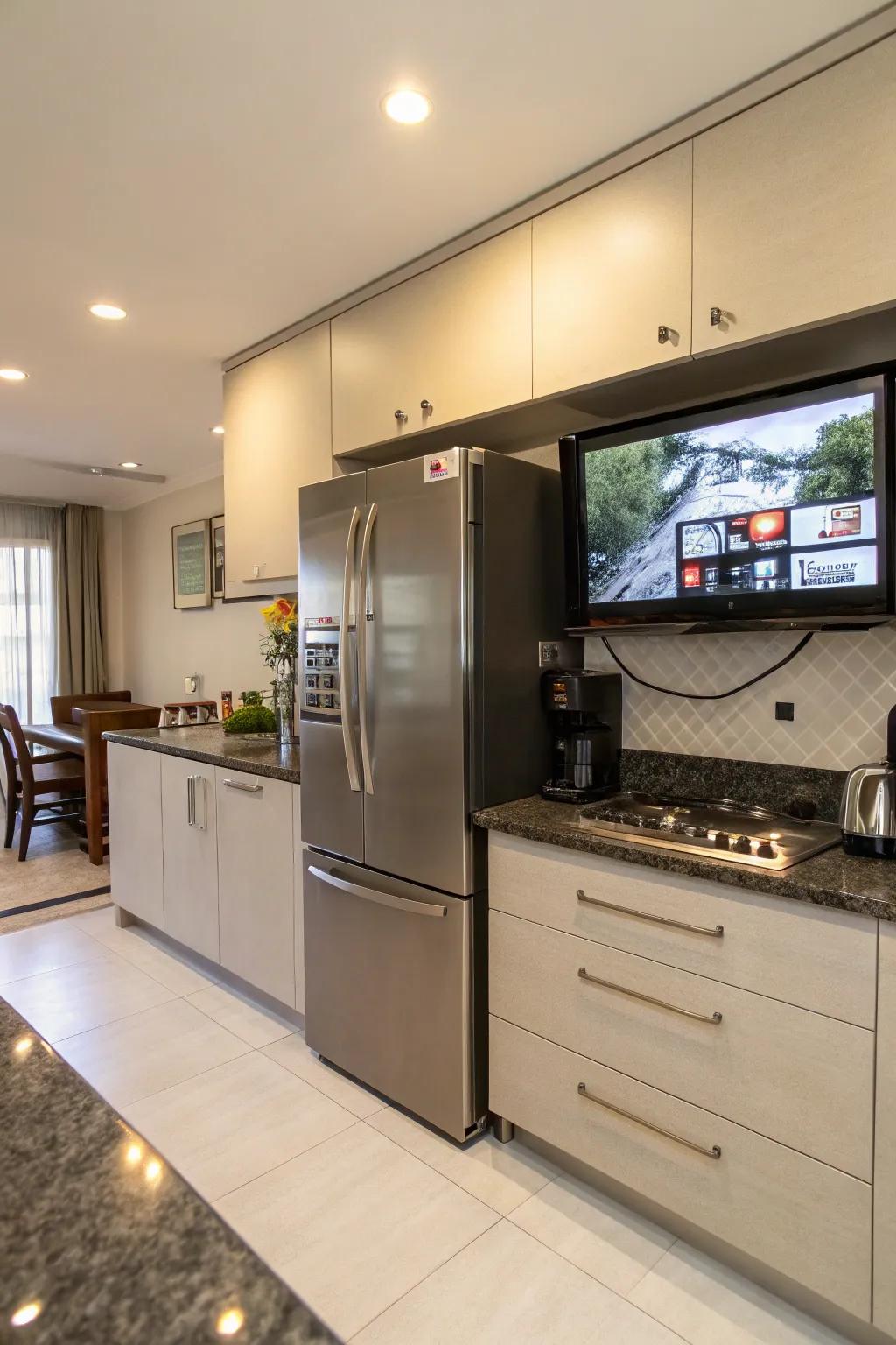 A television attached above the fridge, an unexpected yet functional placement.