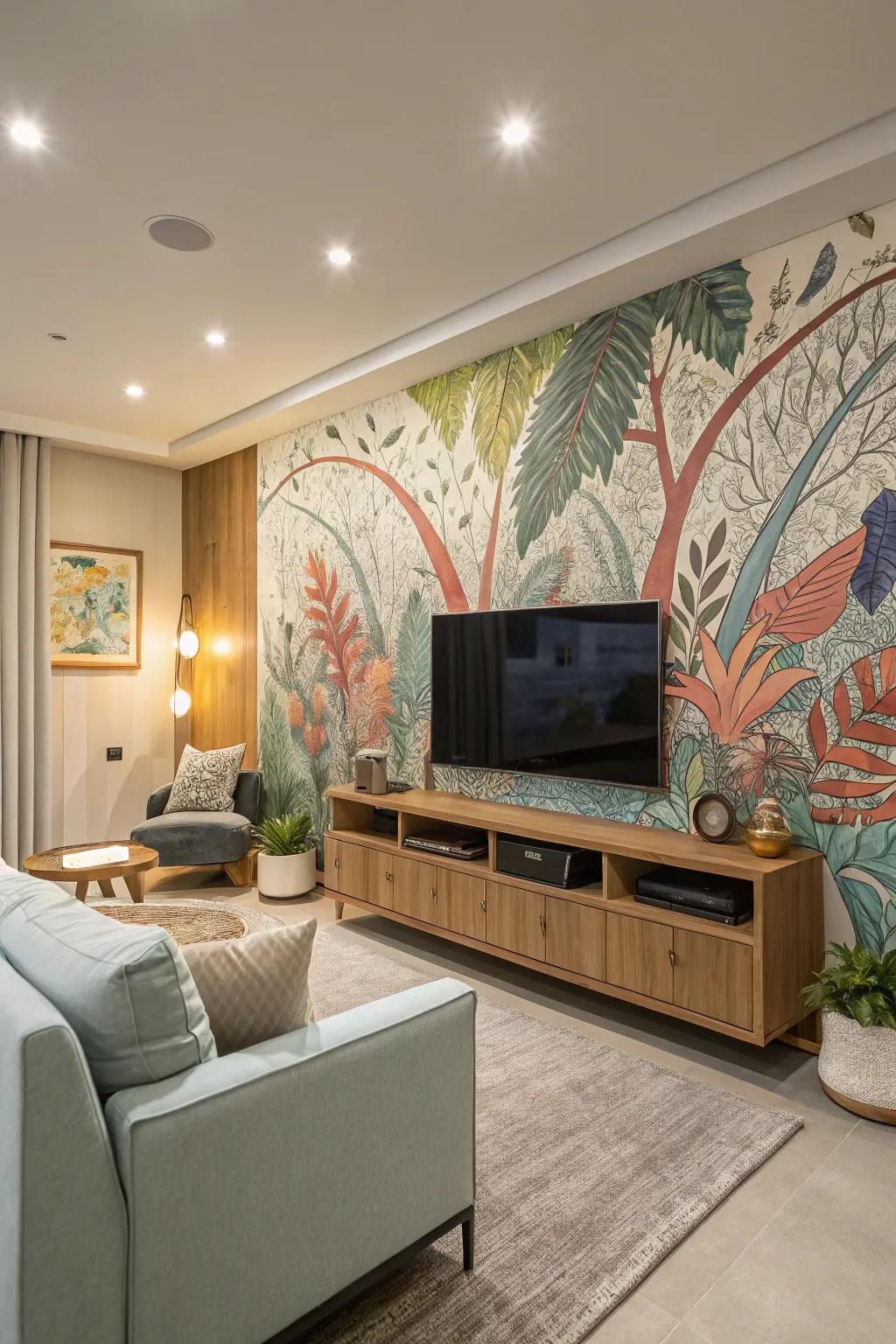An artistic mural creates a captivating backdrop for this TV wall.