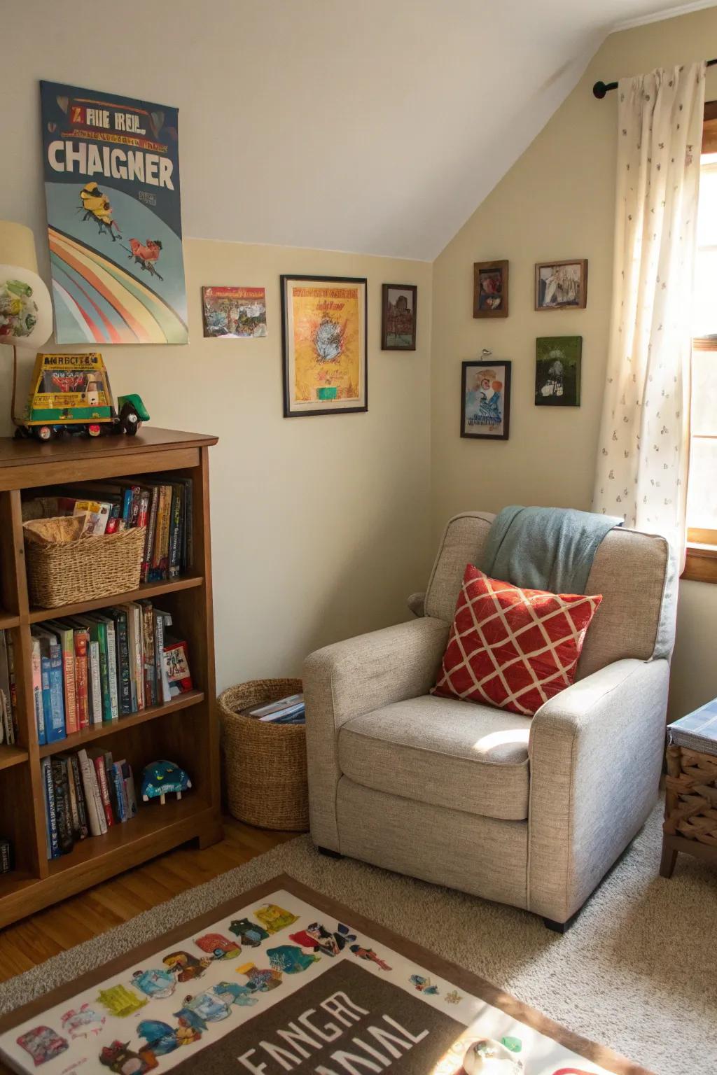 A cozy reading area inside a tween boy’s room.